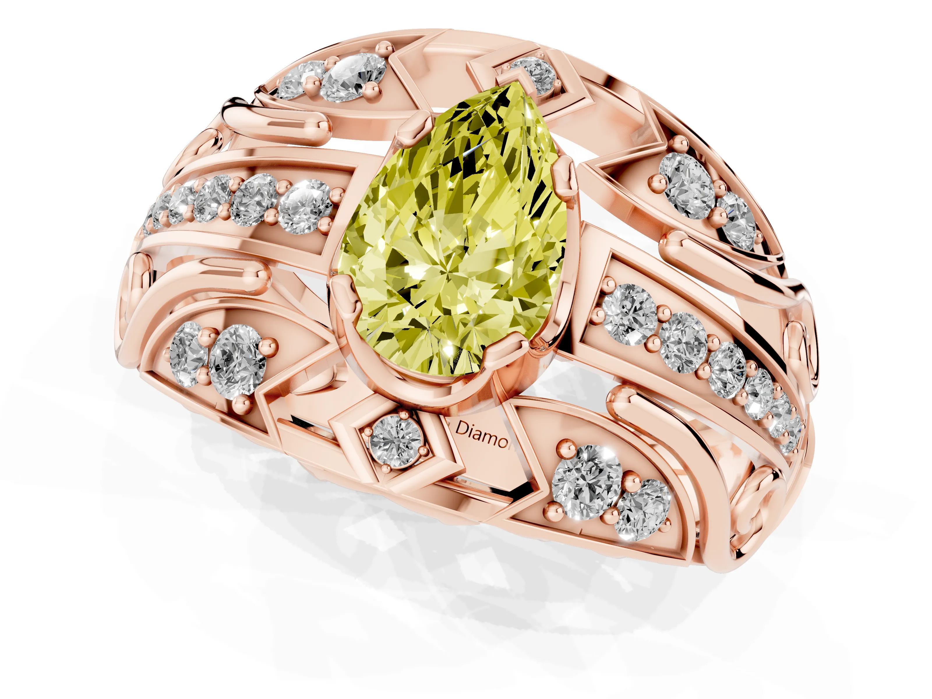 Fancy Yellow Pear Cut Diamond Art Deco Ring Set in Rose gold with Pavé Split Shank
