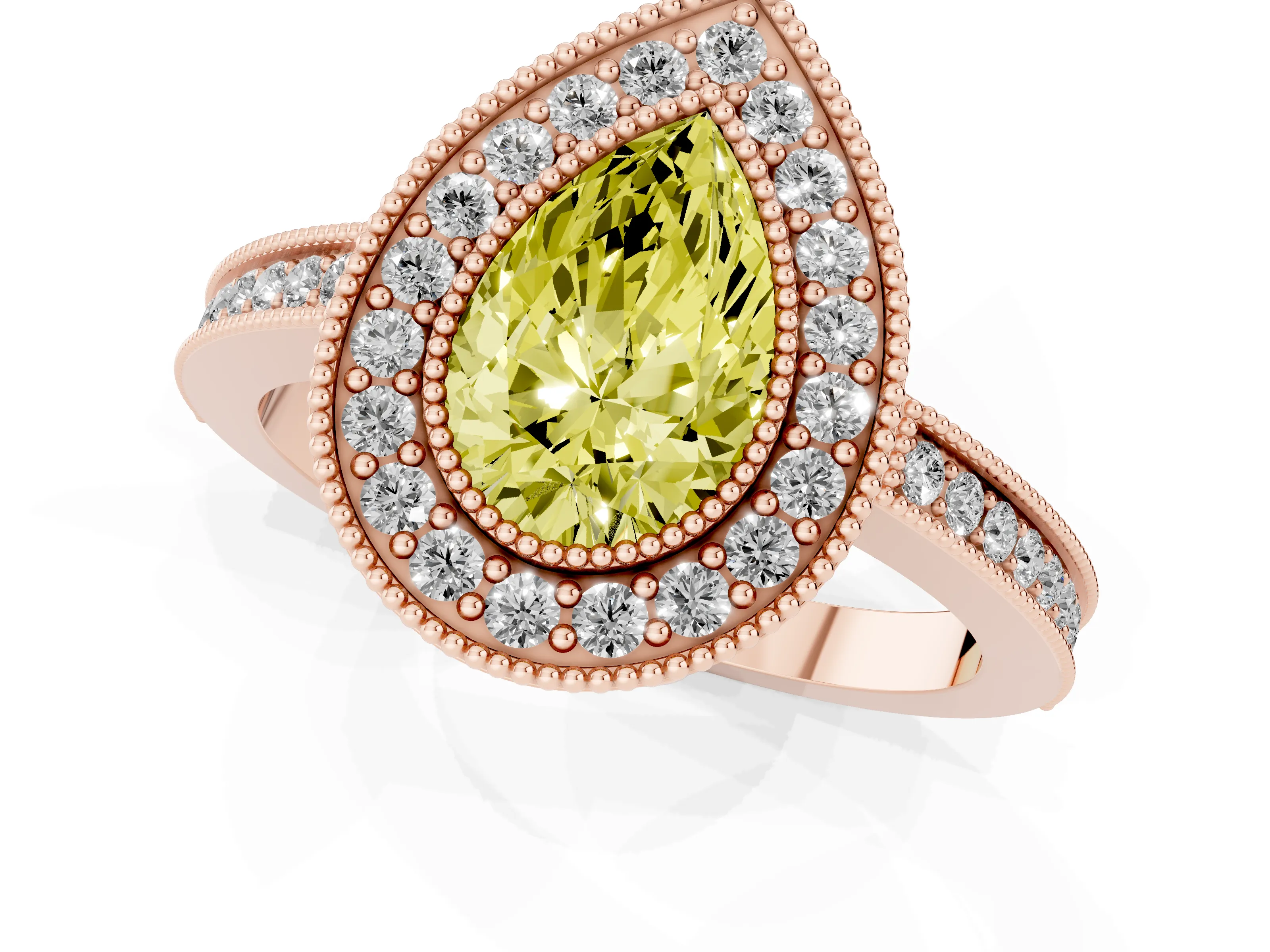 Fancy Yellow Pear Cut Diamond Halo Ring Set in Rose gold with Pavé Band and Milgrain-Edged Prongs