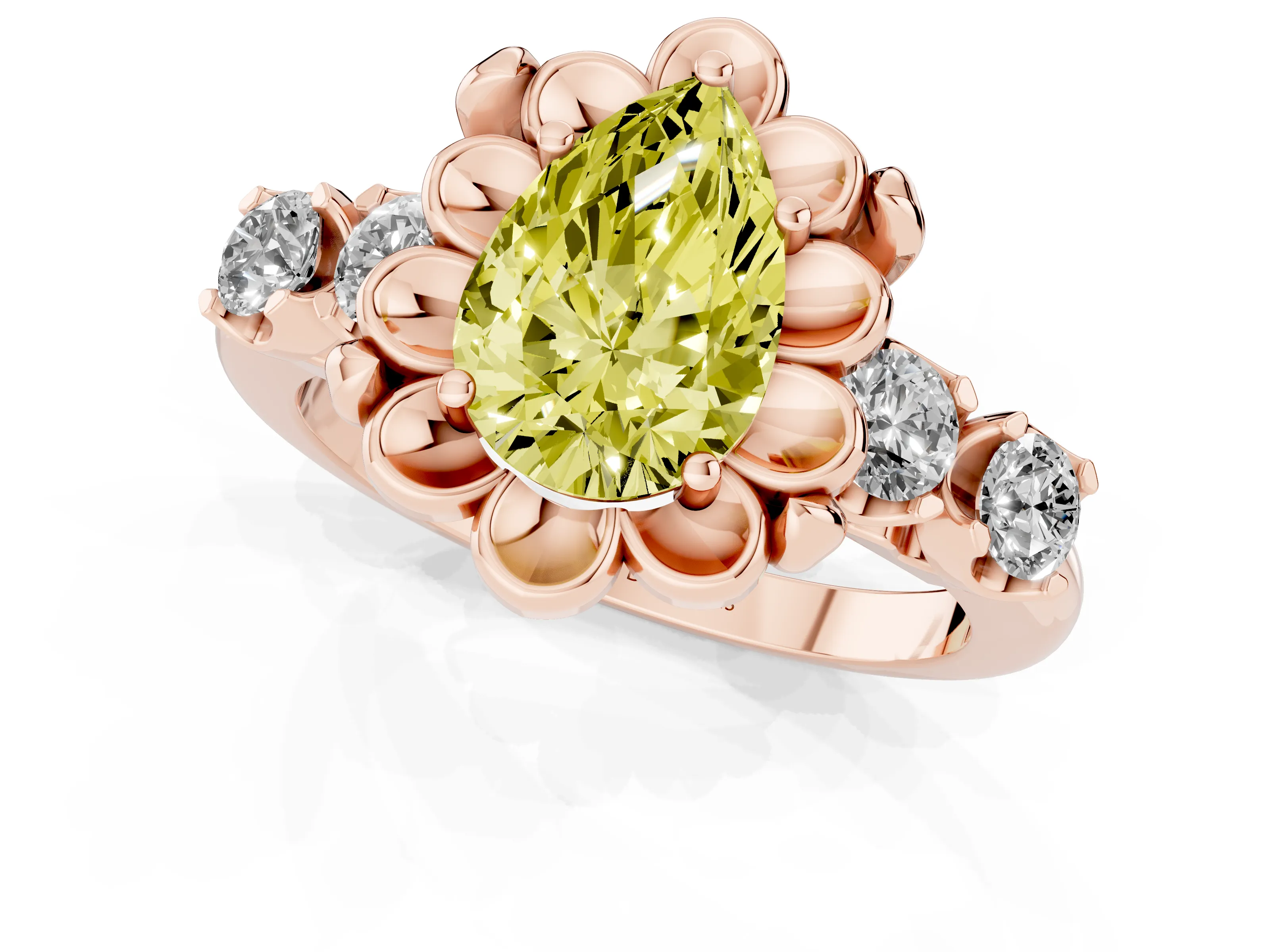 Fancy Yellow Pear Cut Diamond Floral Halo Ring Set in Rose gold with Shared Prong Band