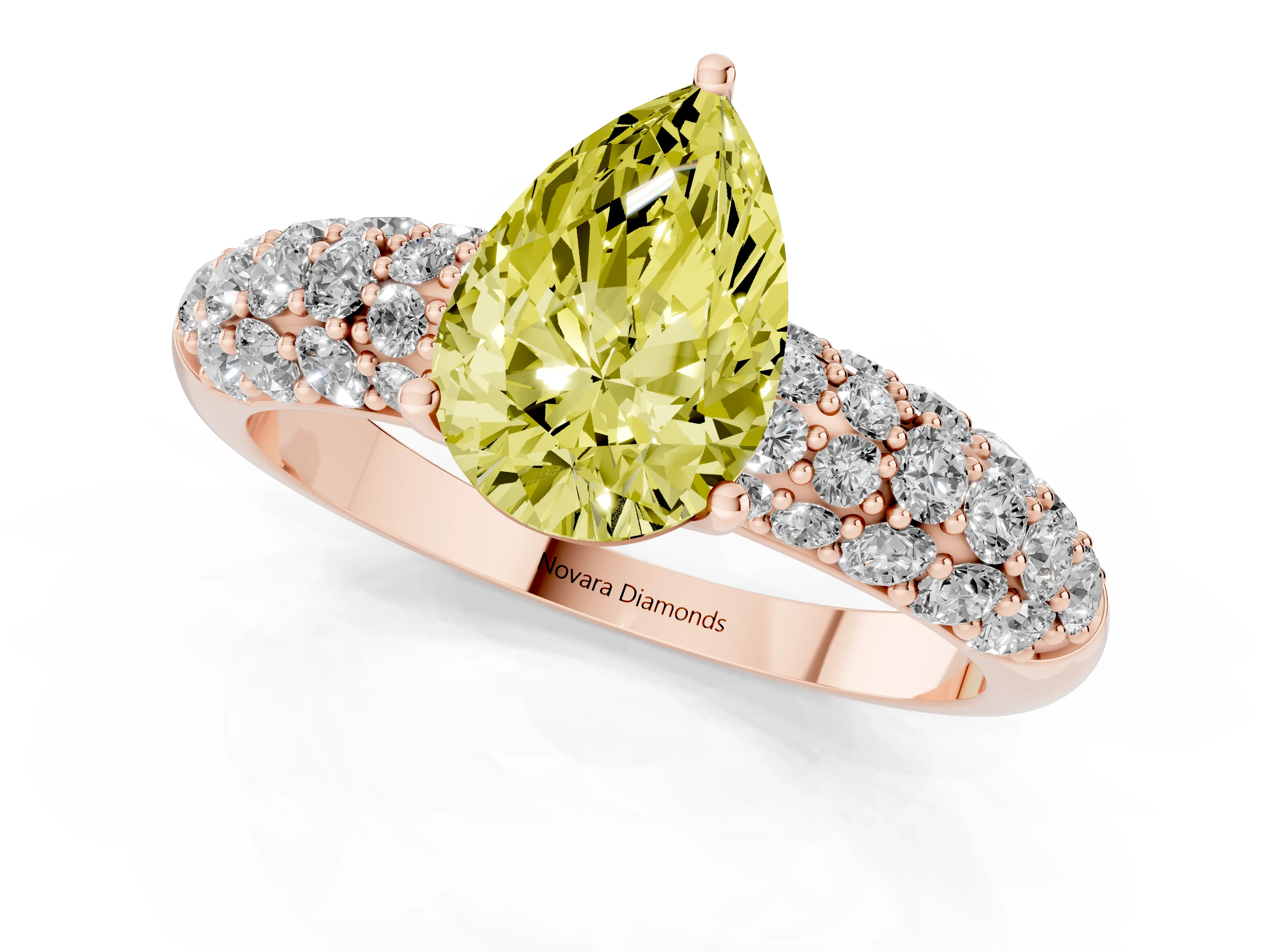 Fancy Yellow Pear Cut Diamond Pavé Band Solitaire Ring Set in Rose gold with Close-Set Accent Stones and Prong Setting