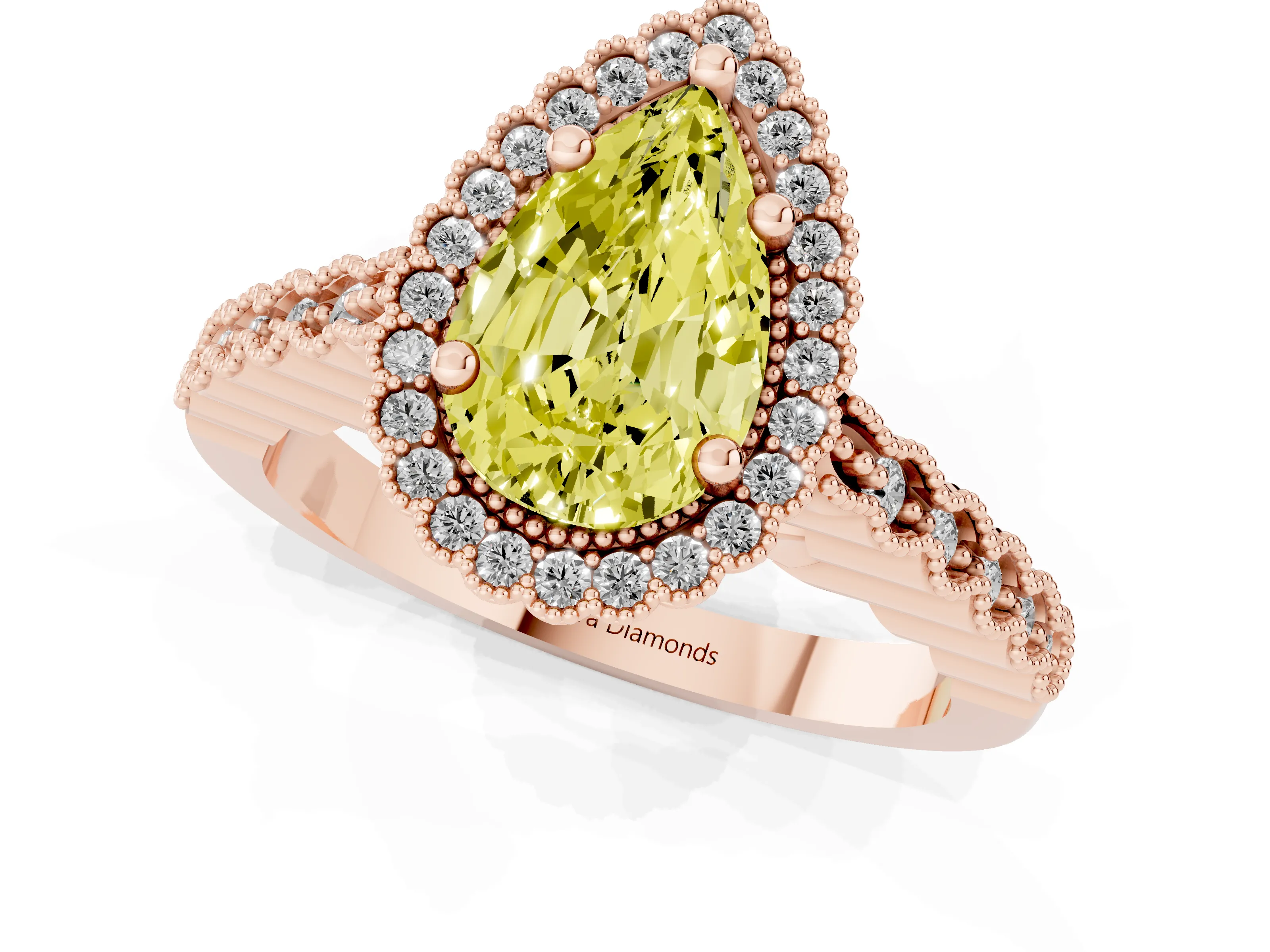 Fancy Yellow Pear Cut Diamond Halo Ring Set in Rose gold with Pavé Milgrain Band