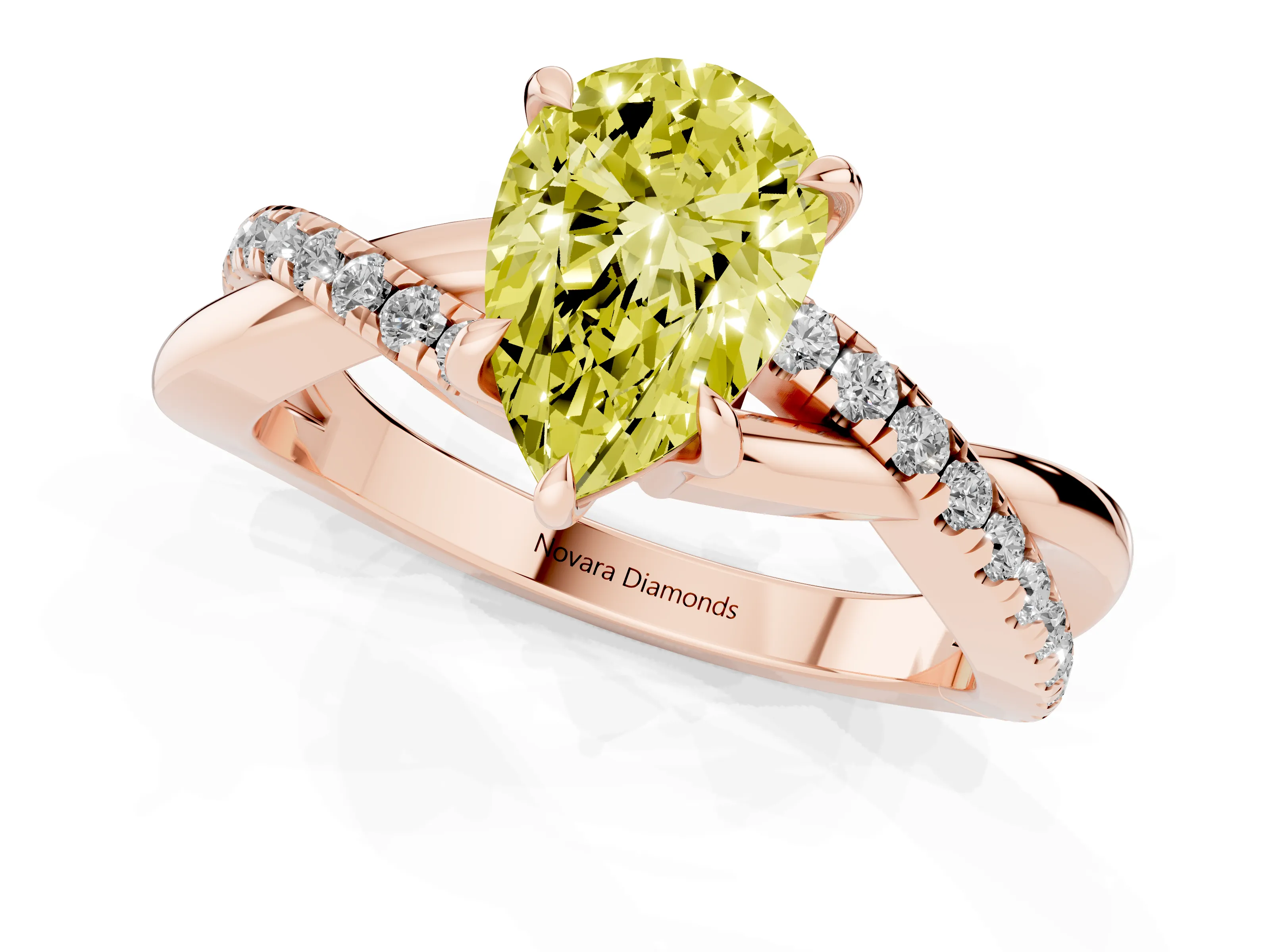 Fancy Yellow Pear Cut Diamond Twisted Pavé Band Ring Set in Rose gold with Prong Setting
