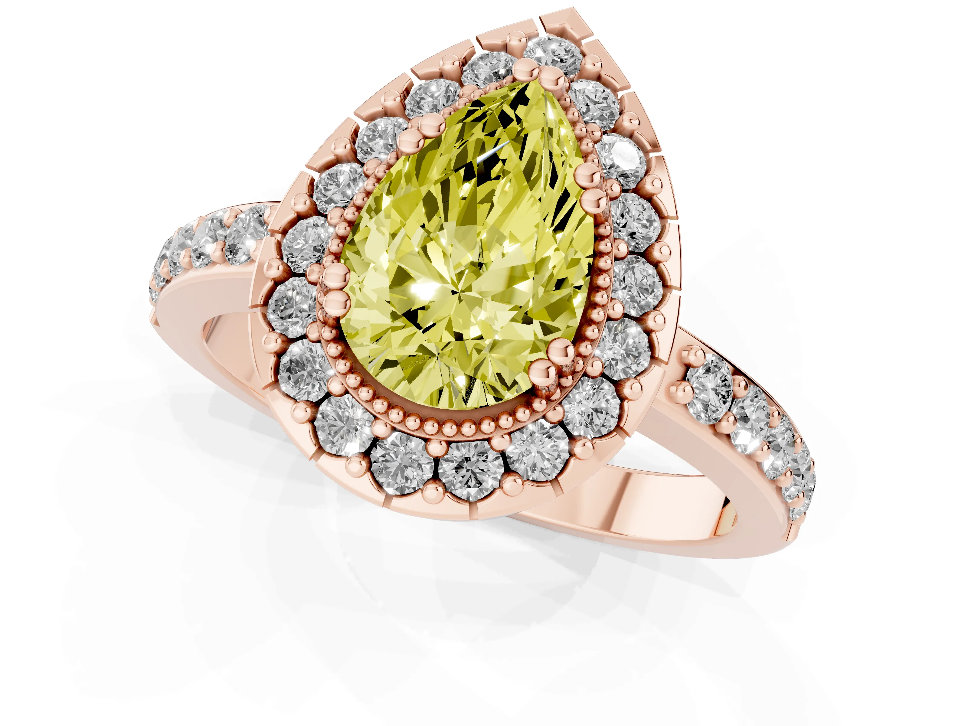 Fancy Yellow Pear Cut Diamond Halo Ring Set in Rose gold with Pavé Shank and Prong Setting