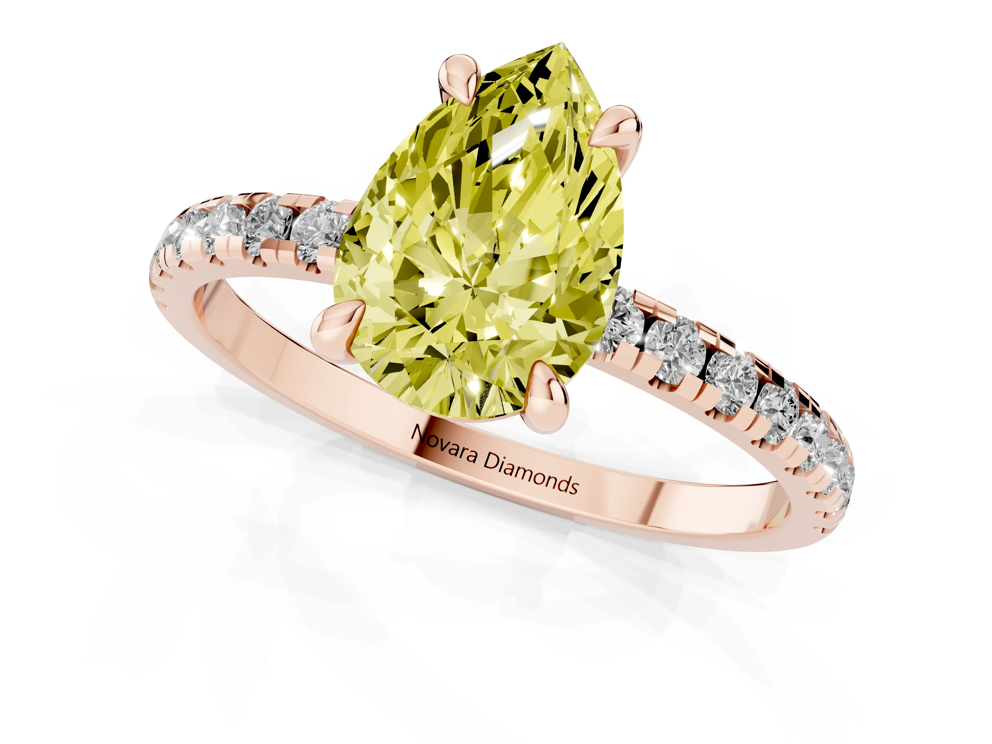 Fancy Yellow Pear Cut Diamond Brilliant Solitaire Ring Set in Rose gold with Pavé Band and Prong Setting