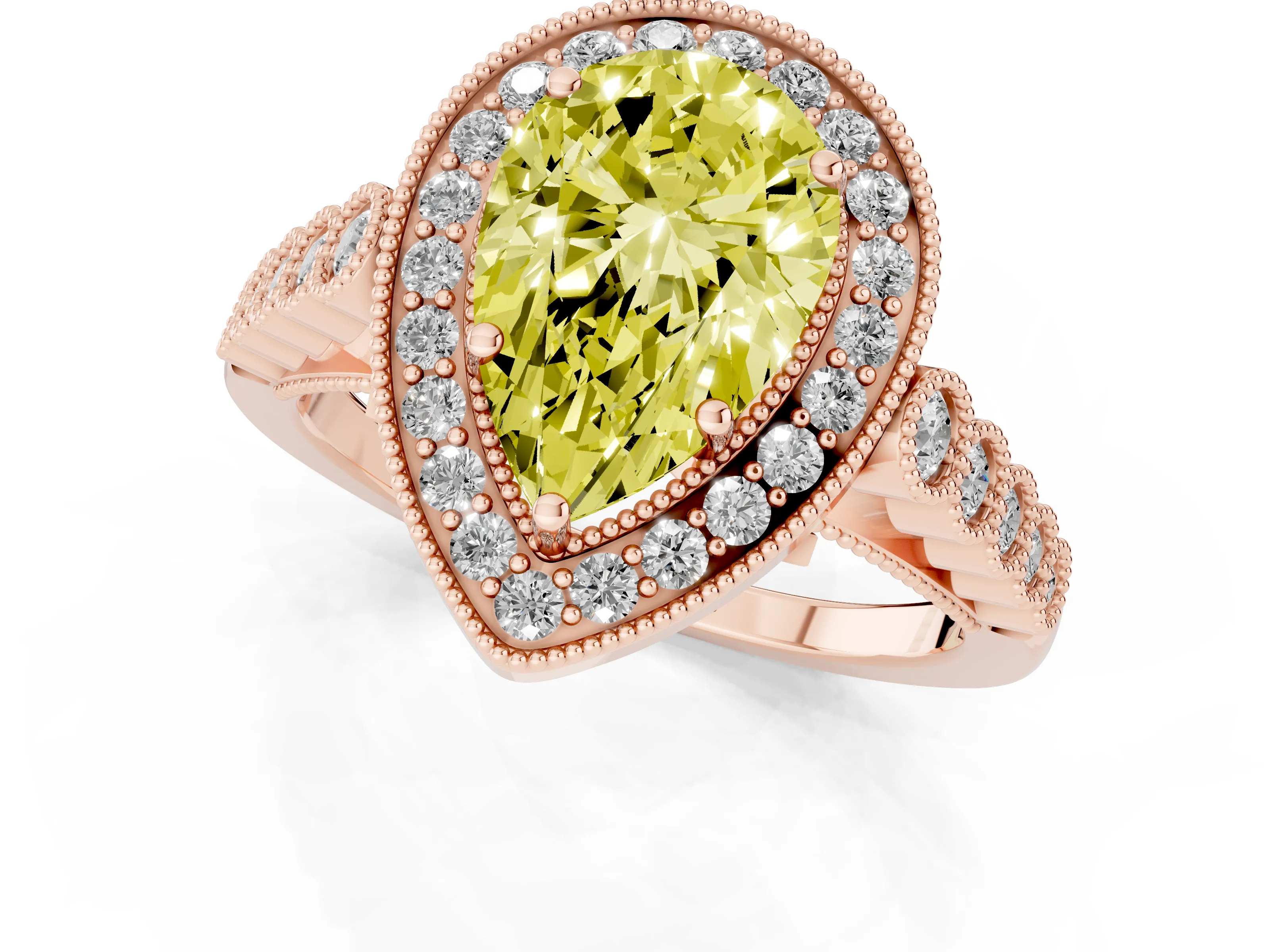Fancy Yellow Pear Cut Diamond Milgrain Halo Solitaire Ring Set in Rose gold with Bezel Set Side Stones and Pavé Band