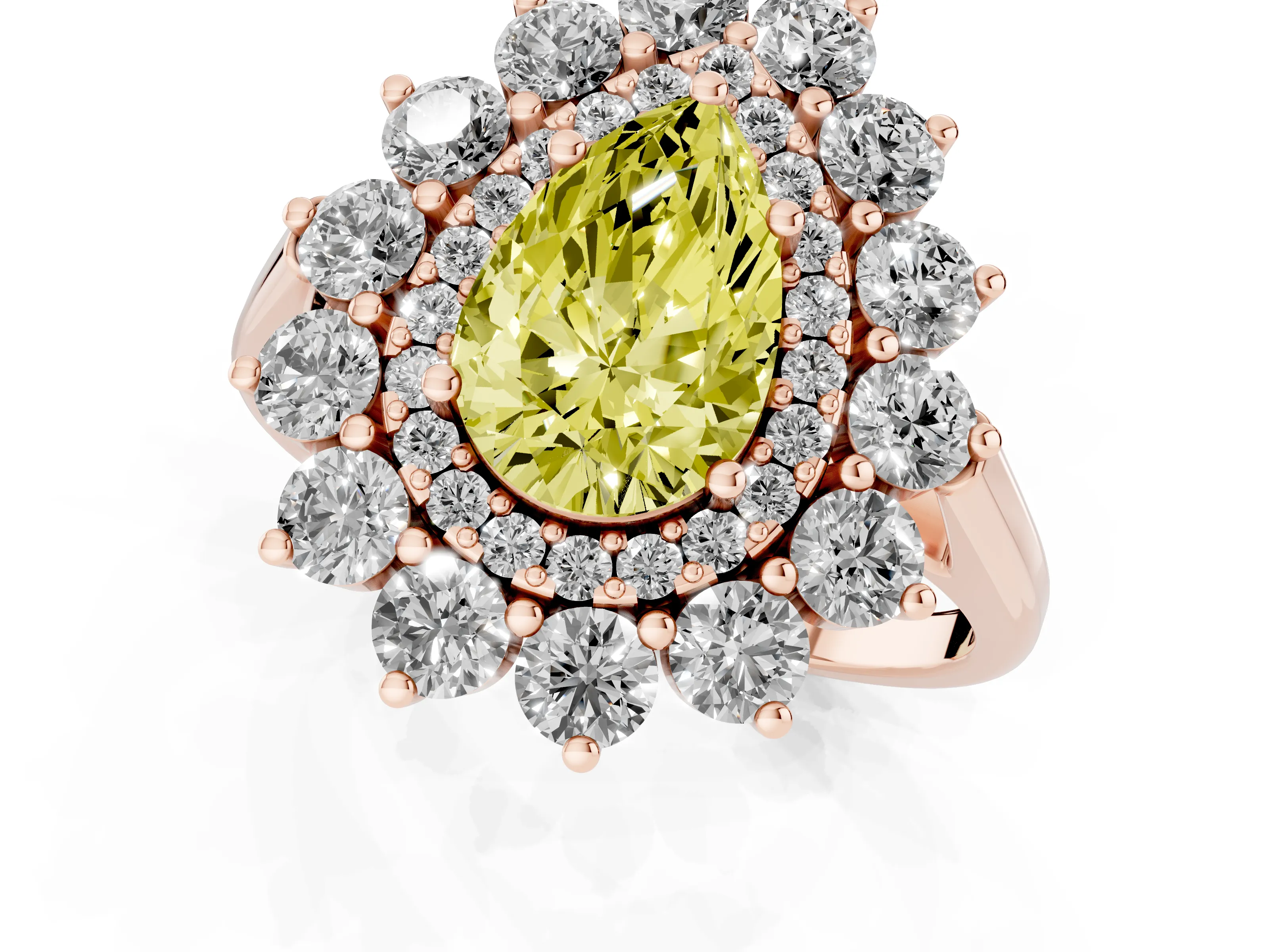 Fancy Yellow Pear Cut Diamond Floral Double Halo Ring Set in Rose gold with Round Petals