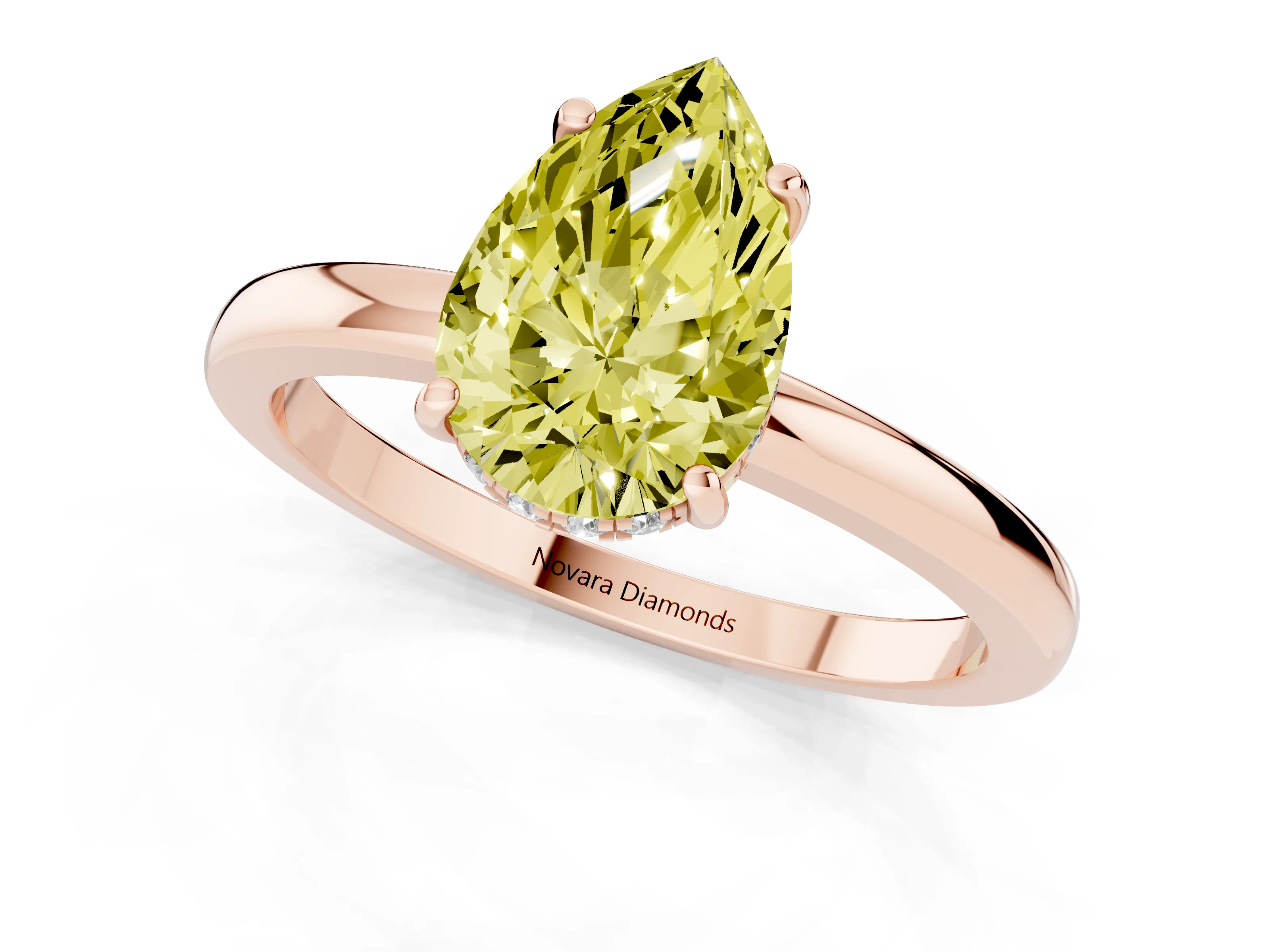 Fancy Yellow Pear Cut Diamond Solitaire Ring Set in Rose gold with Plain Band and Prong Setting
