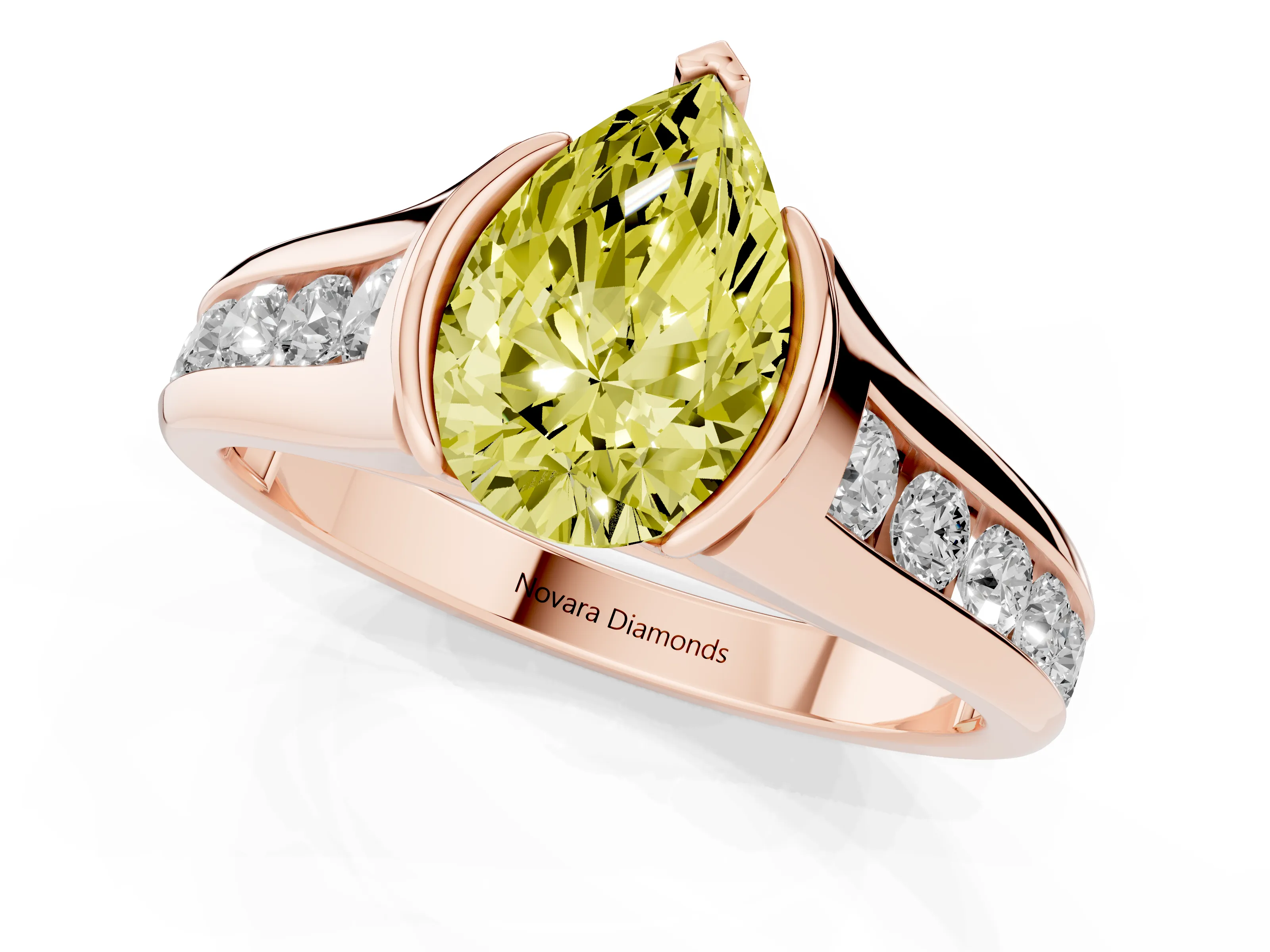 Fancy Yellow Pear Cut Diamond Bezel-Set Solitaire Ring Set in Rose gold with Channel-Set Band