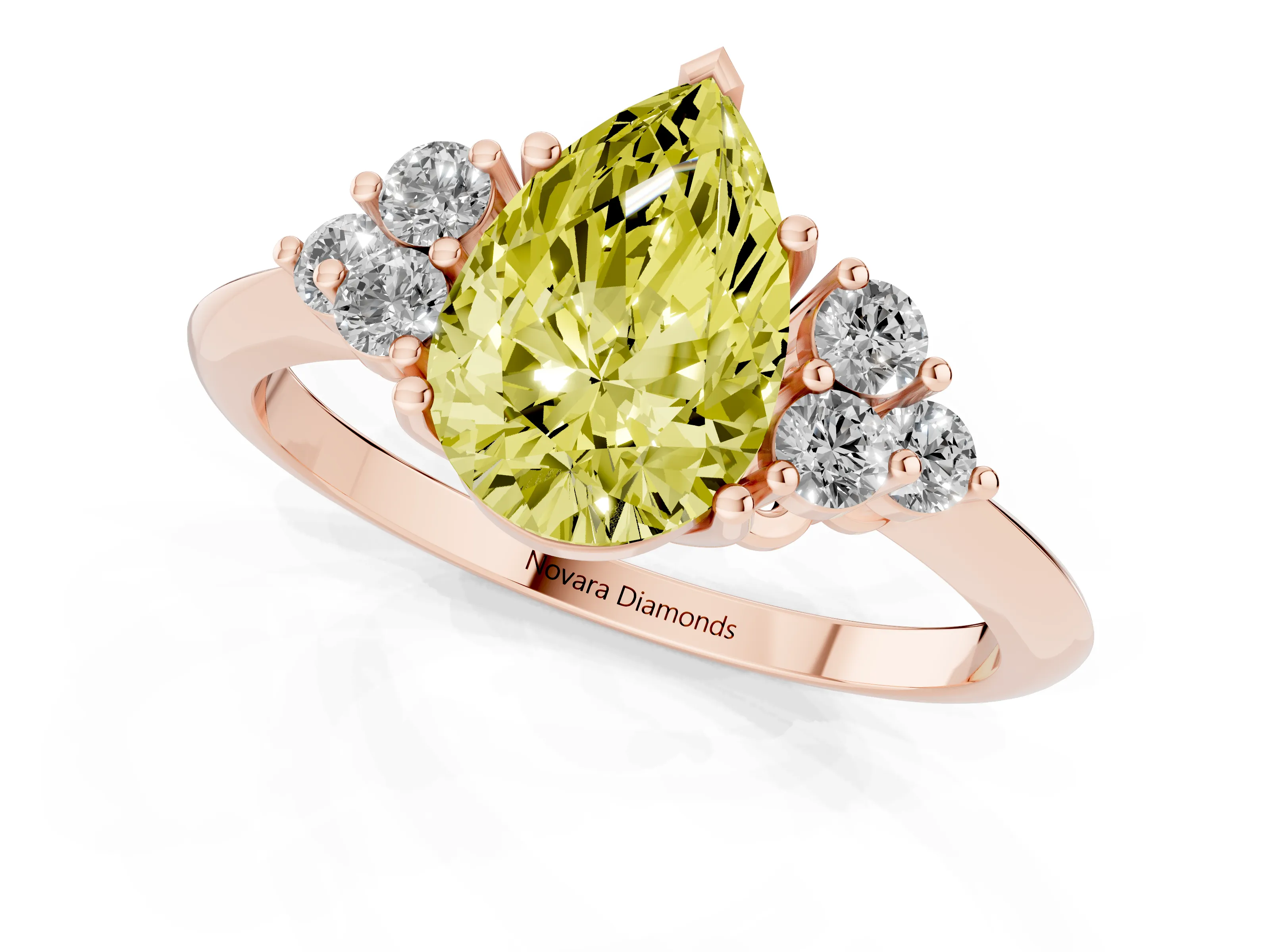 Fancy Yellow Pear Cut Diamond Cluster Ring Set in Rose gold with Plain Band and Prong Setting