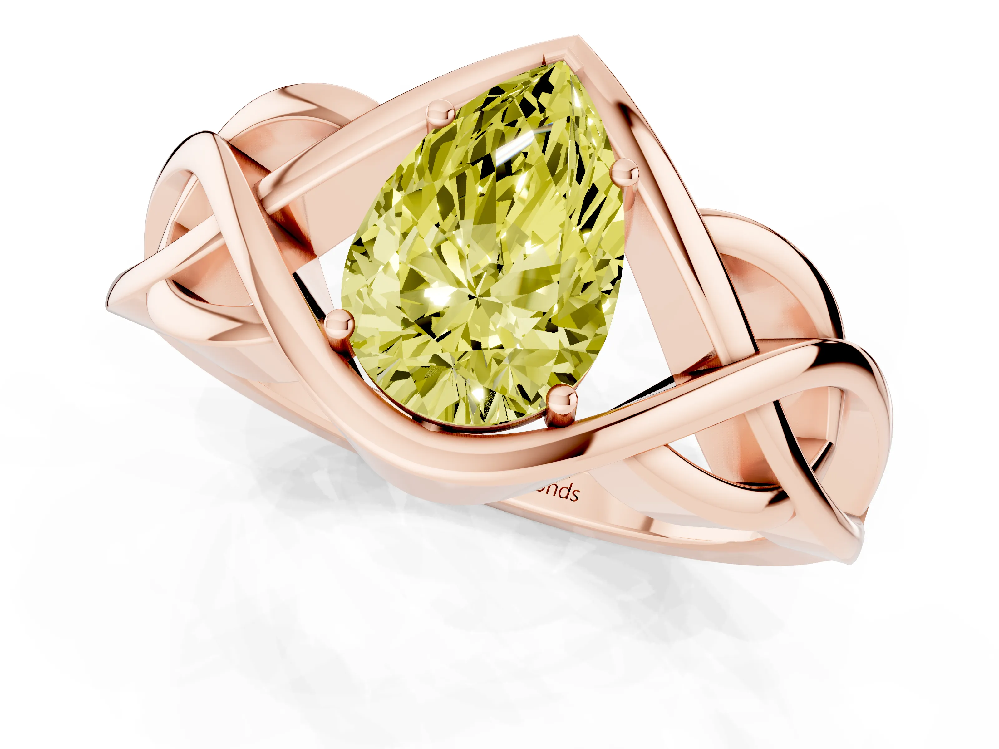 Fancy Yellow Pear Cut Diamond Solitaire Ring Set in Rose gold with Intertwined Band