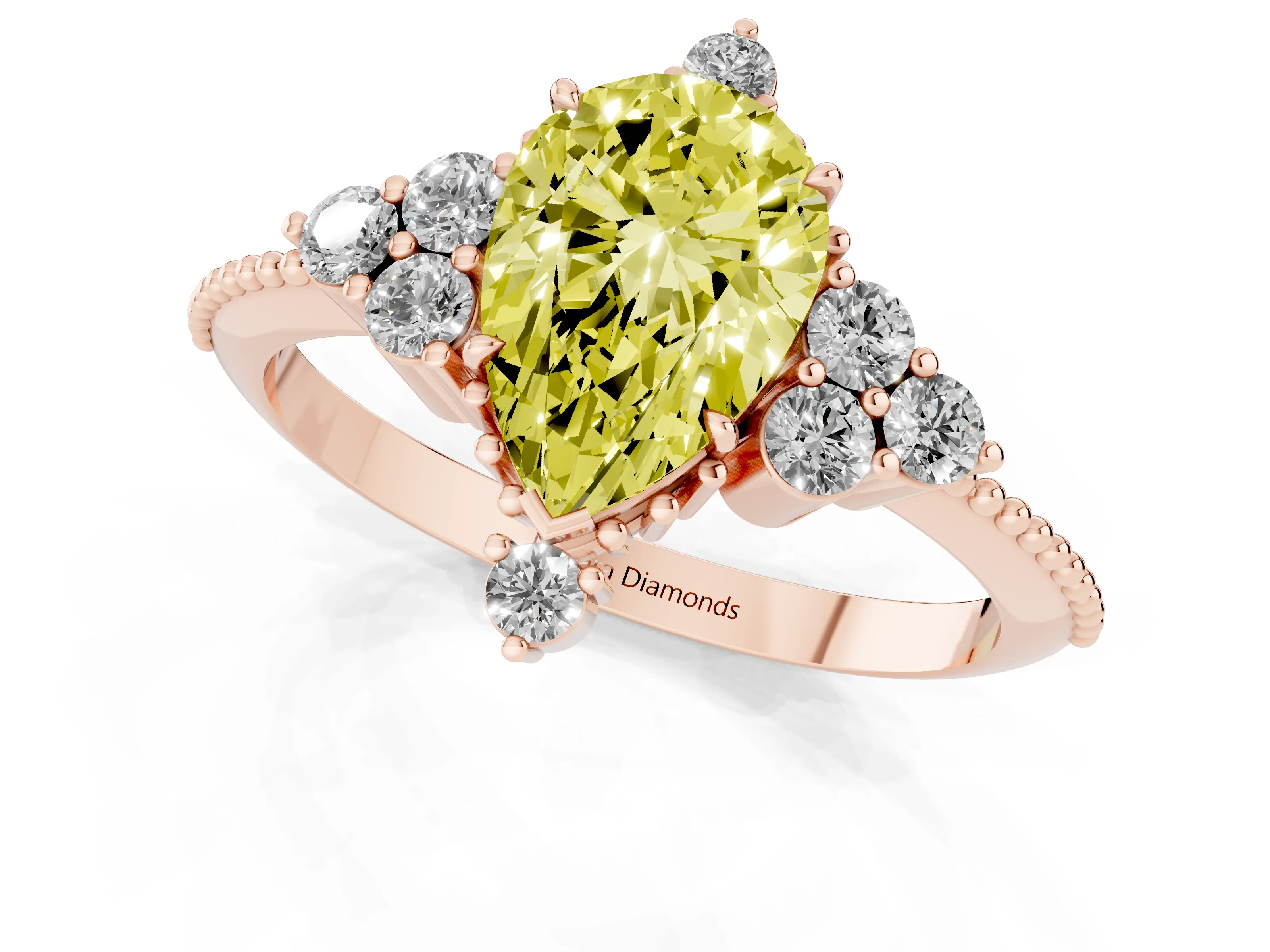 Fancy Yellow Pear Cut Diamond Cluster Ring Set in Rose gold with Beaded Band