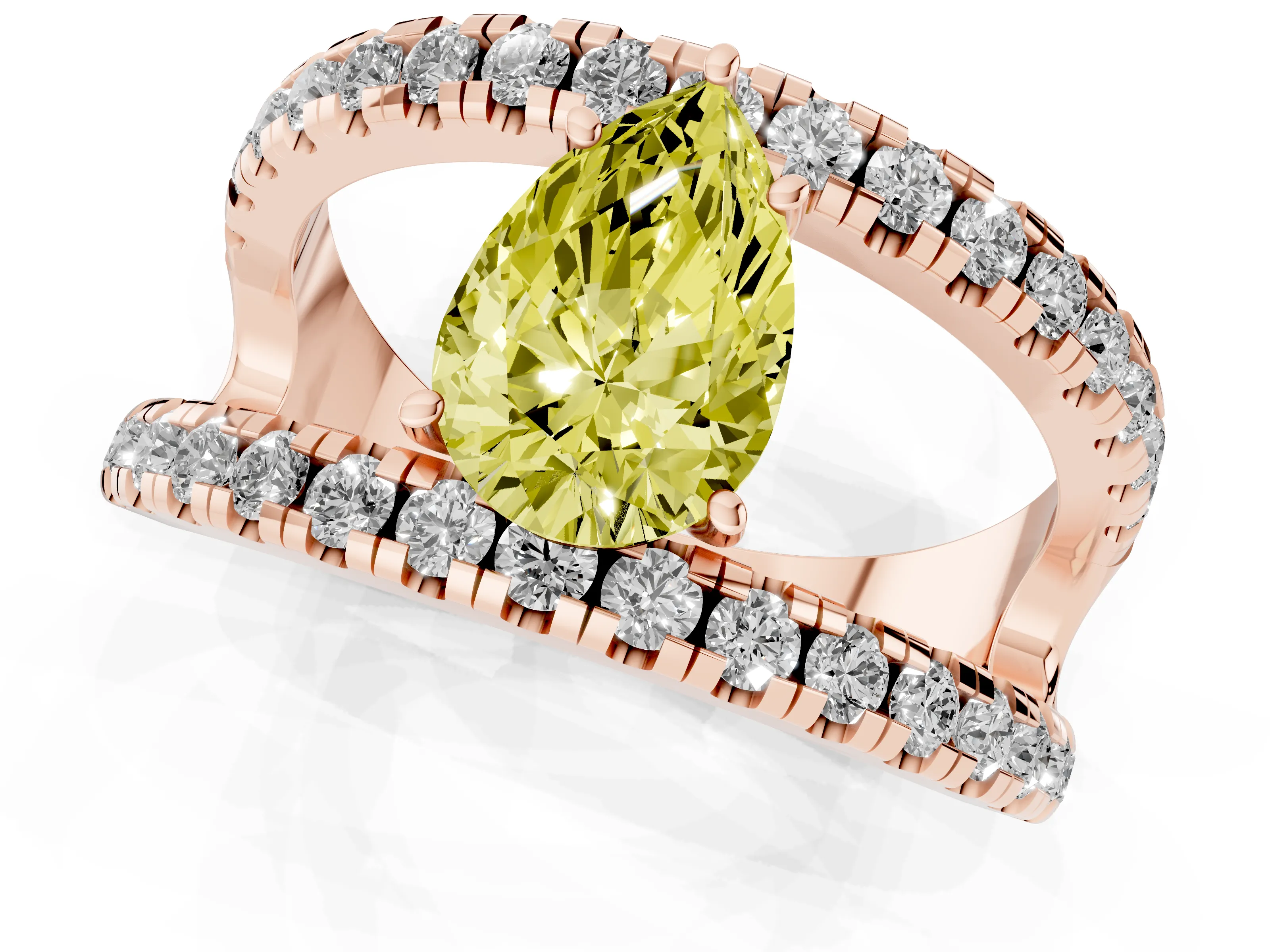 Fancy Yellow Pear Cut Diamond Split Shank Pavé Solitaire Ring Set in Rose gold with Open Shank Design