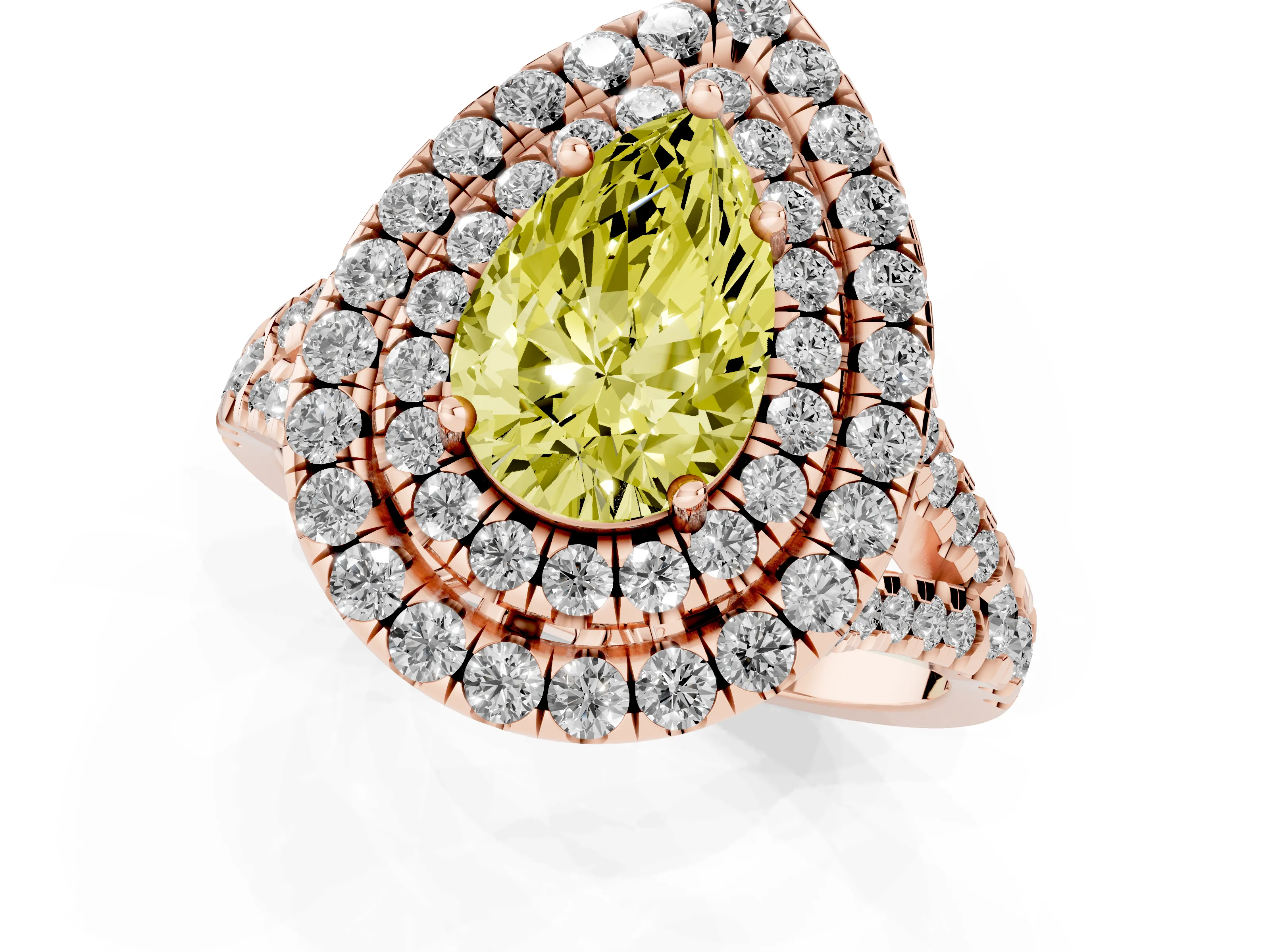 Fancy Yellow Pear Cut Diamond Double Halo Ring Set in Rose gold with Pavé Split Shank and Prong Setting