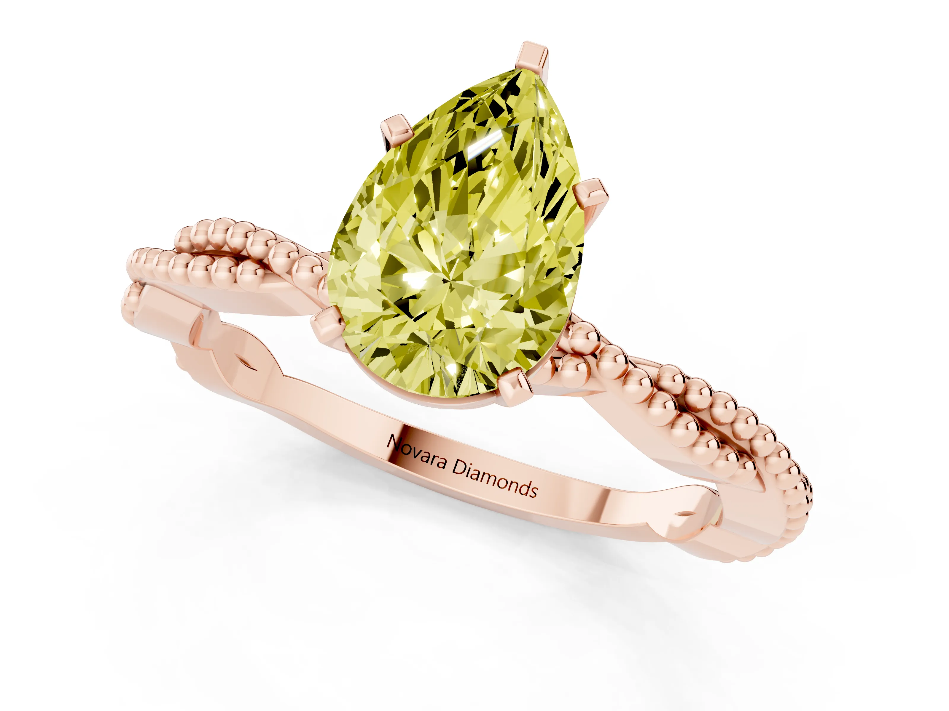Fancy Yellow Pear Cut Diamond Solitaire Ring Set in Rose gold with Twisted Band and Bead Prong Setting