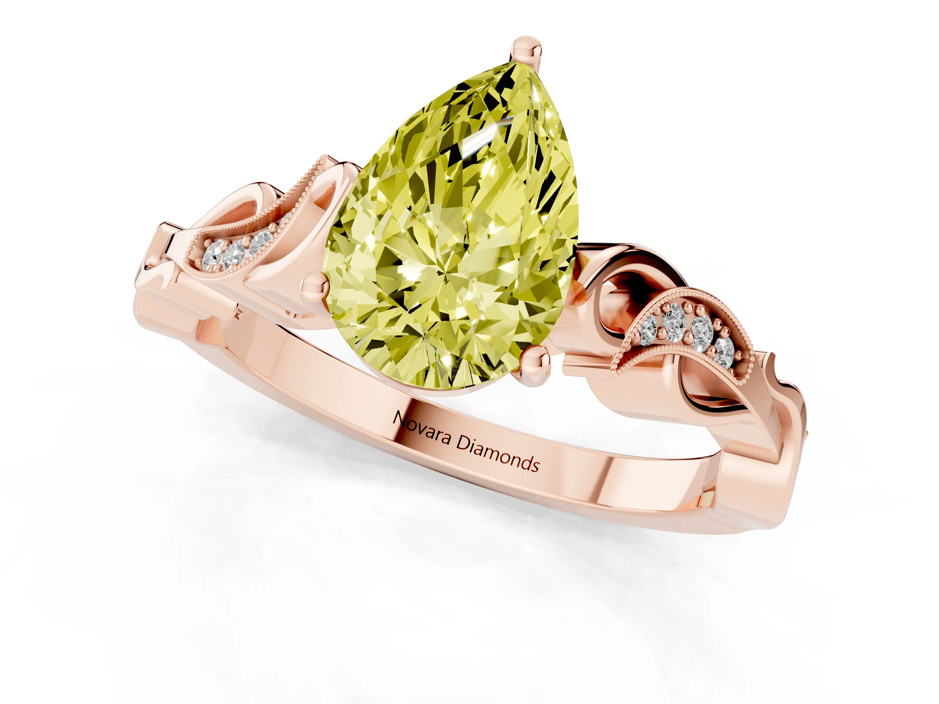 Fancy Yellow Pear Cut Diamond Vine Band Solitaire Ring Set in Rose gold with Milgrain Prong Setting