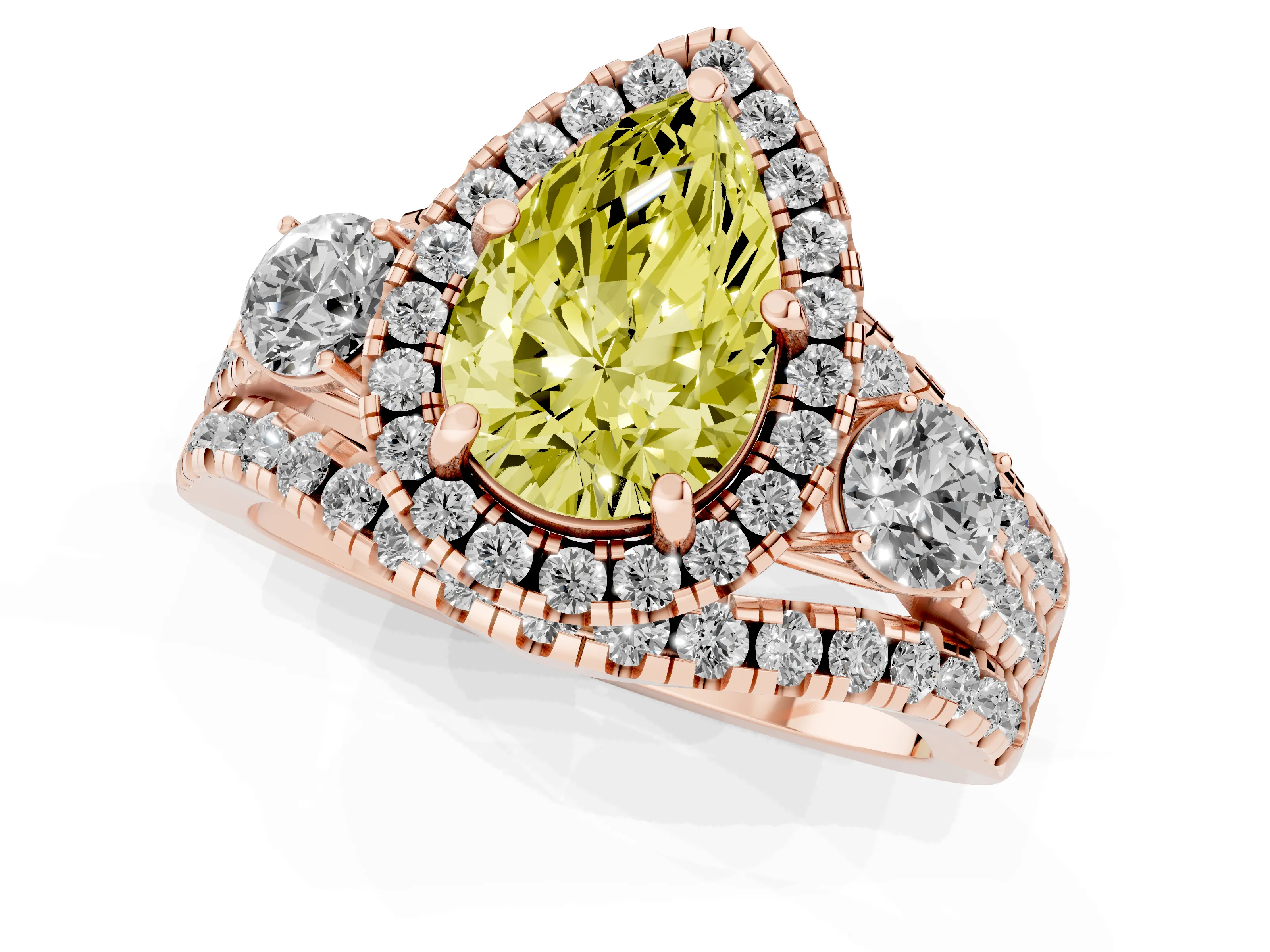 Fancy Yellow Pear Cut Diamond Halo Split Shank Ring Set in Rose gold with Round Accent Stones and Prong Setting