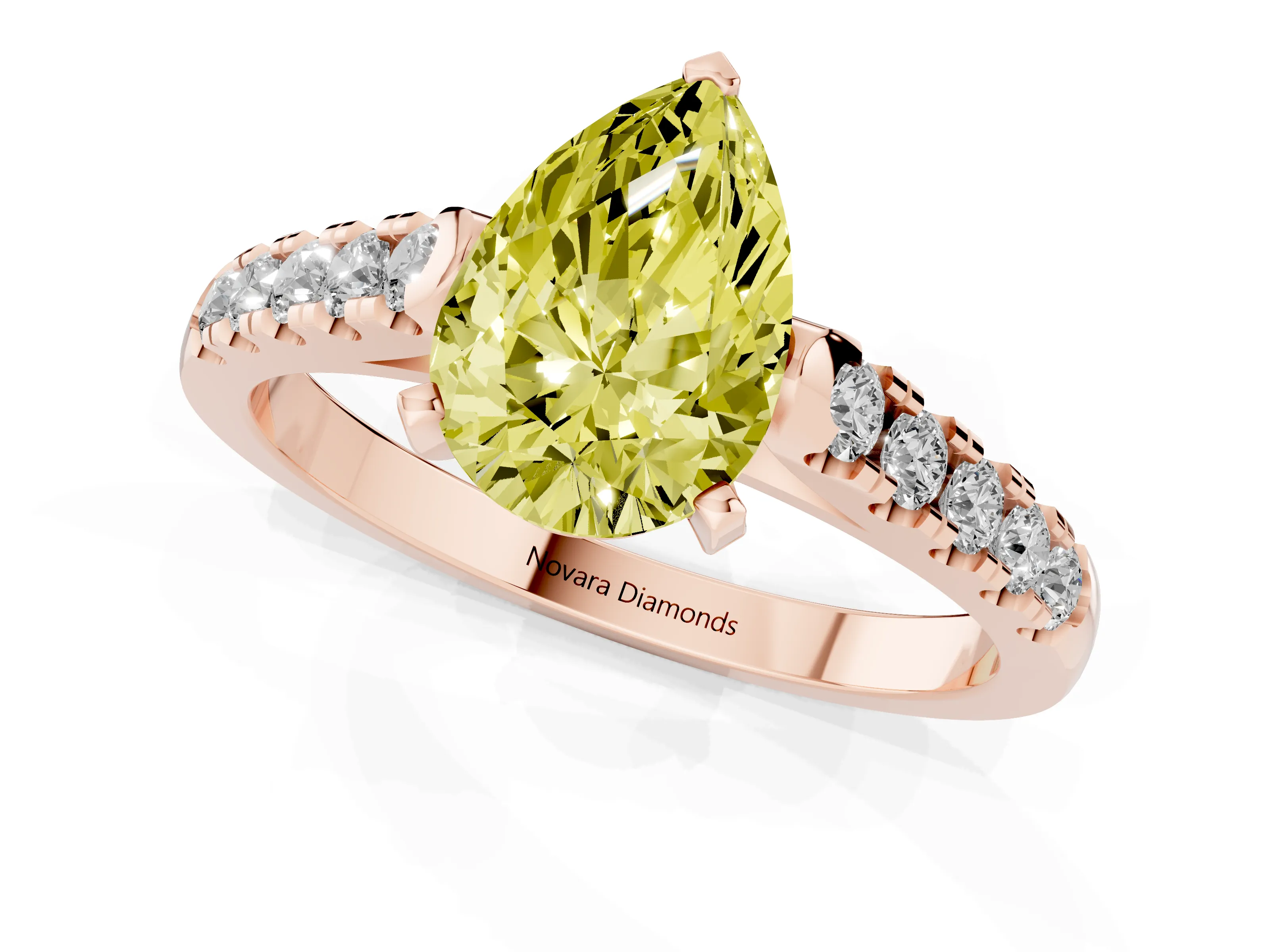 Fancy Yellow Pear Cut Diamond Pavé Band Solitaire Ring Set in Rose gold with Partway Accent Stones and Prong Setting