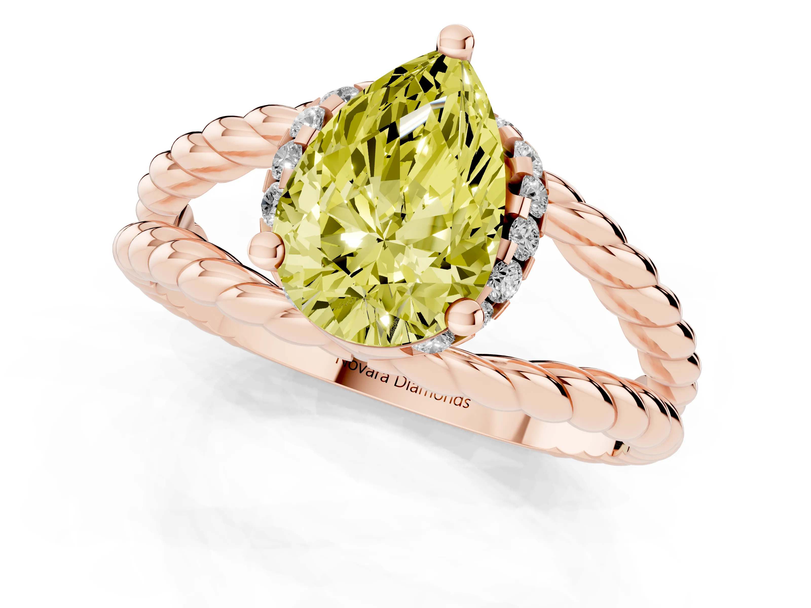 Fancy Yellow Pear Cut Diamond Halo Ring Set in Rose gold with Twisted Band and Prong Setting