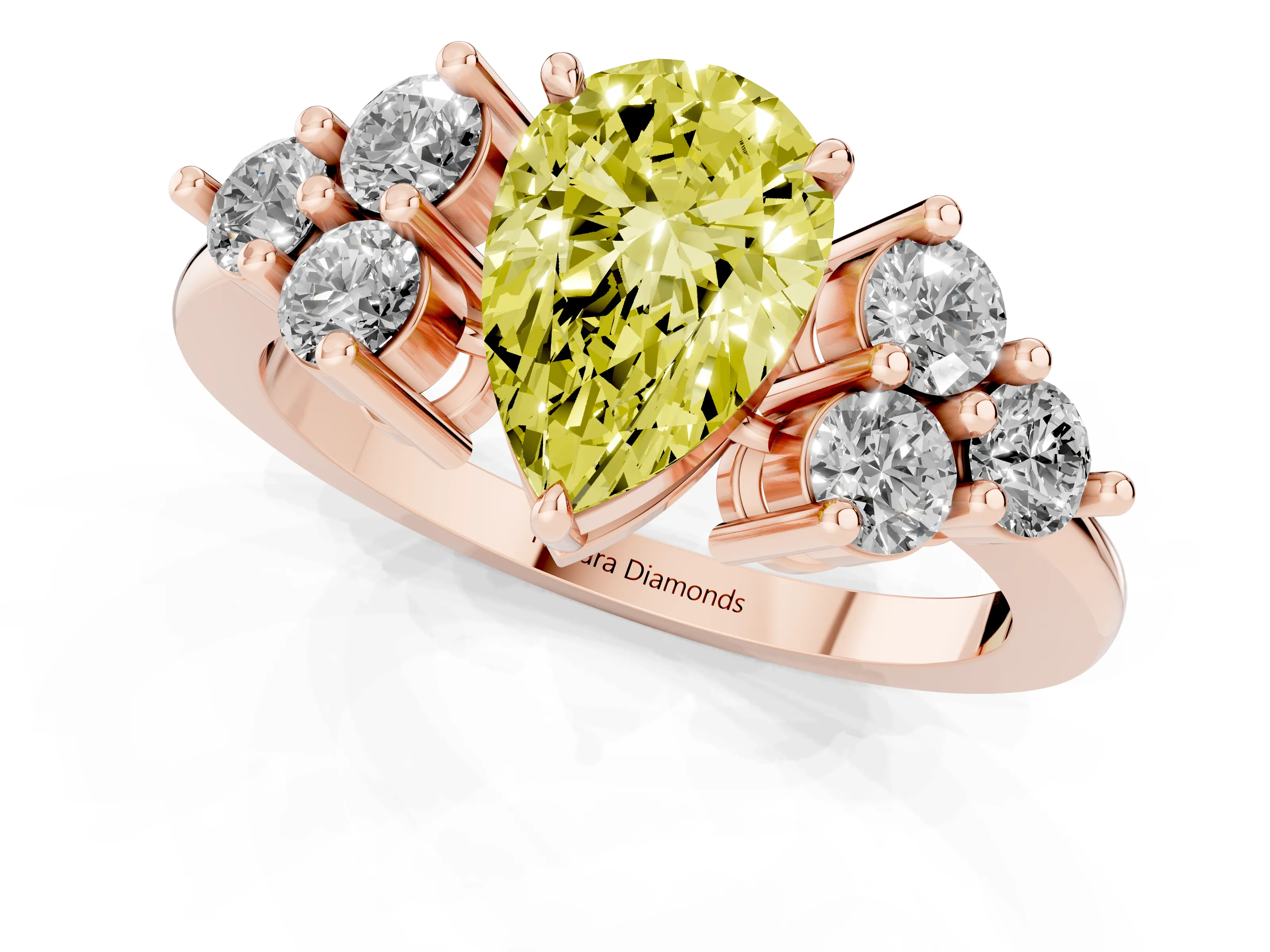 Fancy Yellow Pear Cut Diamond Solitaire Ring Set in Rose gold with Cluster Accents on Each Side