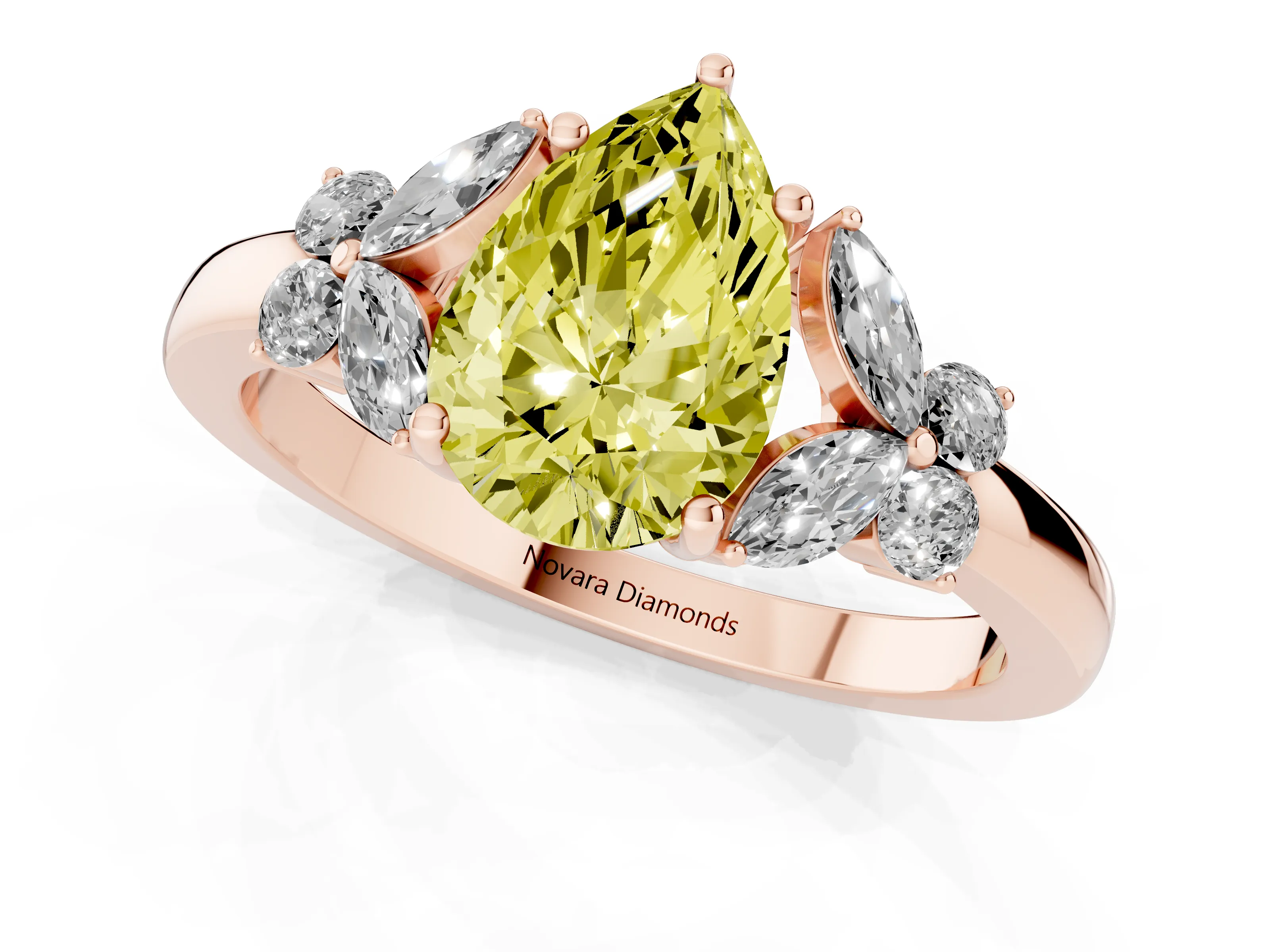 Fancy Yellow Pear Cut Diamond Solitaire Floral Ring Set in Rose gold with Marquise Petals and Prong Setting
