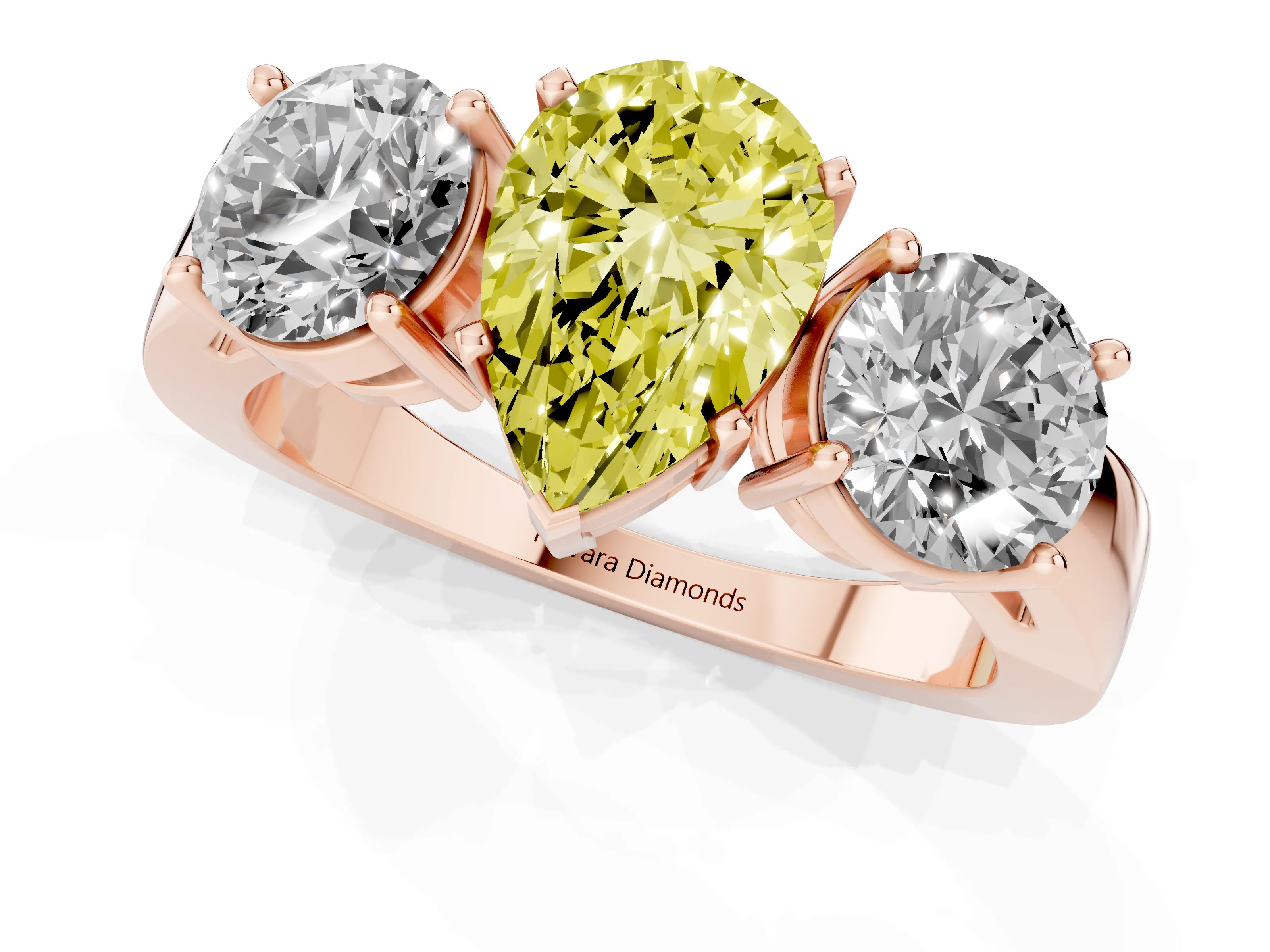 Fancy Yellow Pear Cut Diamond Three-Stone Ring Set in Rose gold with Round Side Stones and Classic Band – second view