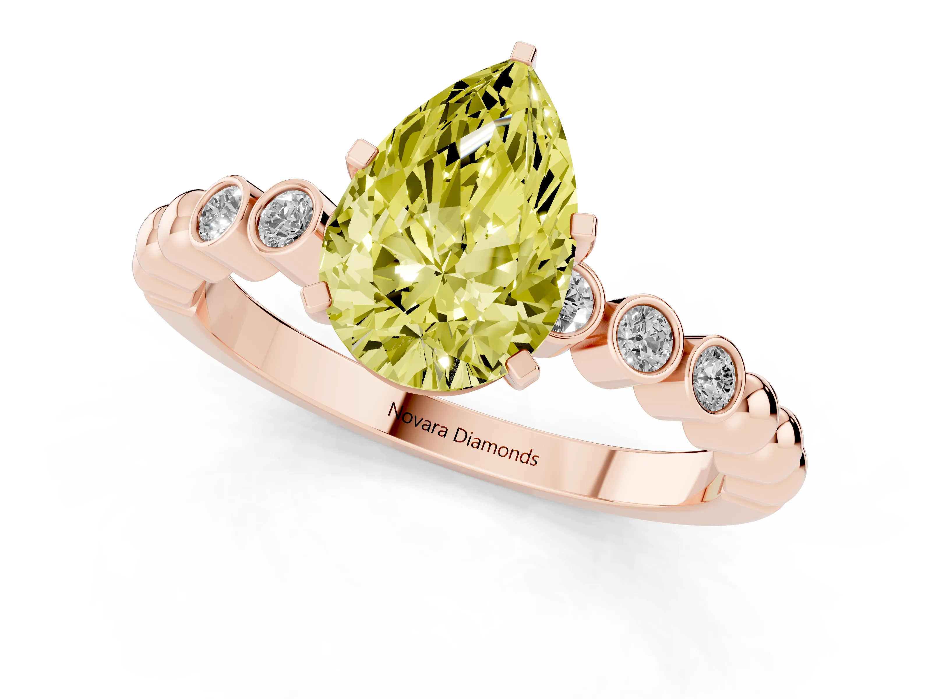 Fancy Yellow Pear Cut Diamond Solitaire Engagement Ring Set in Rose gold with Bezel Accents on Beaded Band – second view