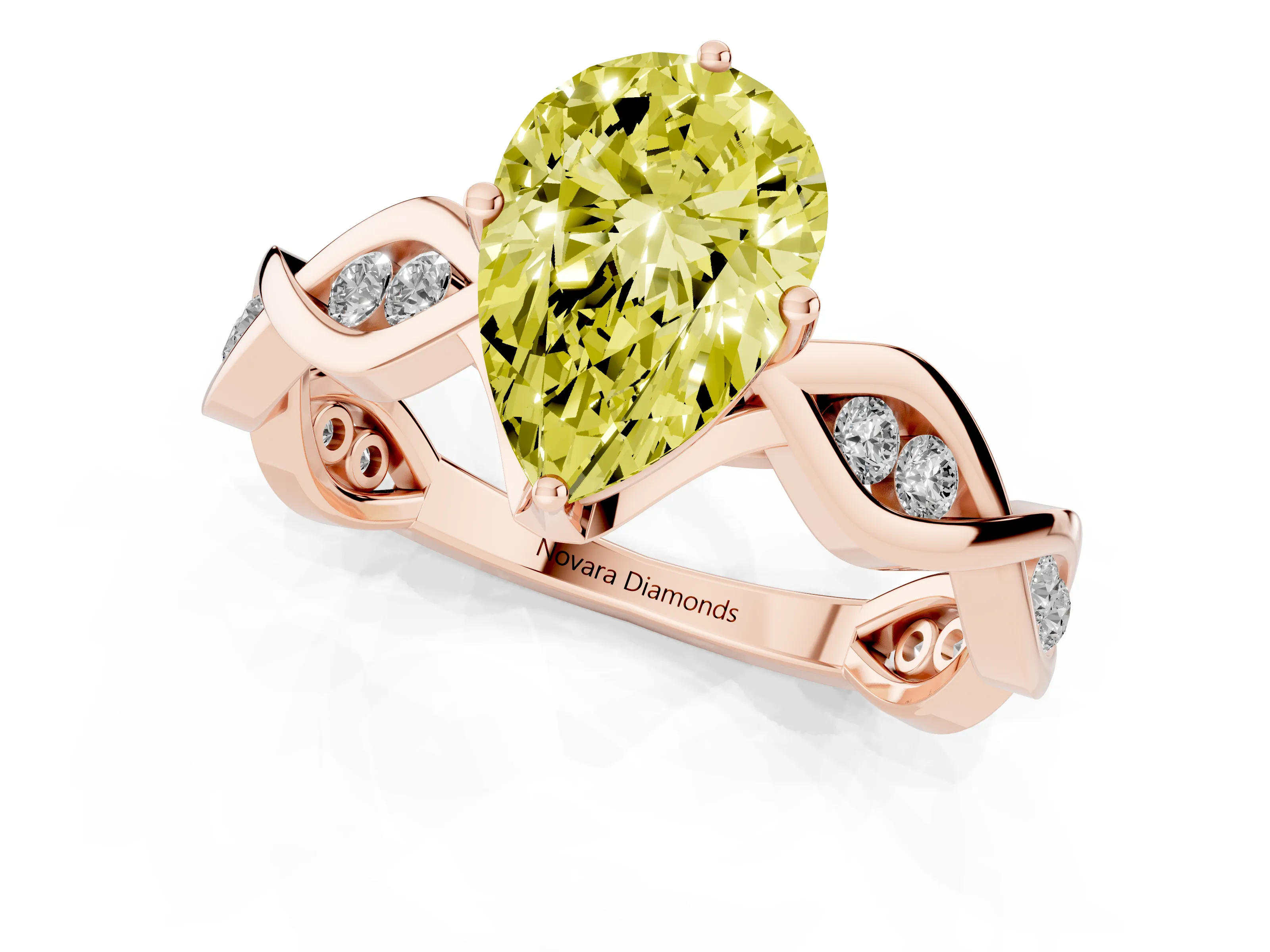 Fancy Yellow Pear Cut Diamond Twist Band Solitaire Ring Set in Rose gold with Leaf Prong Setting and Accent Stones