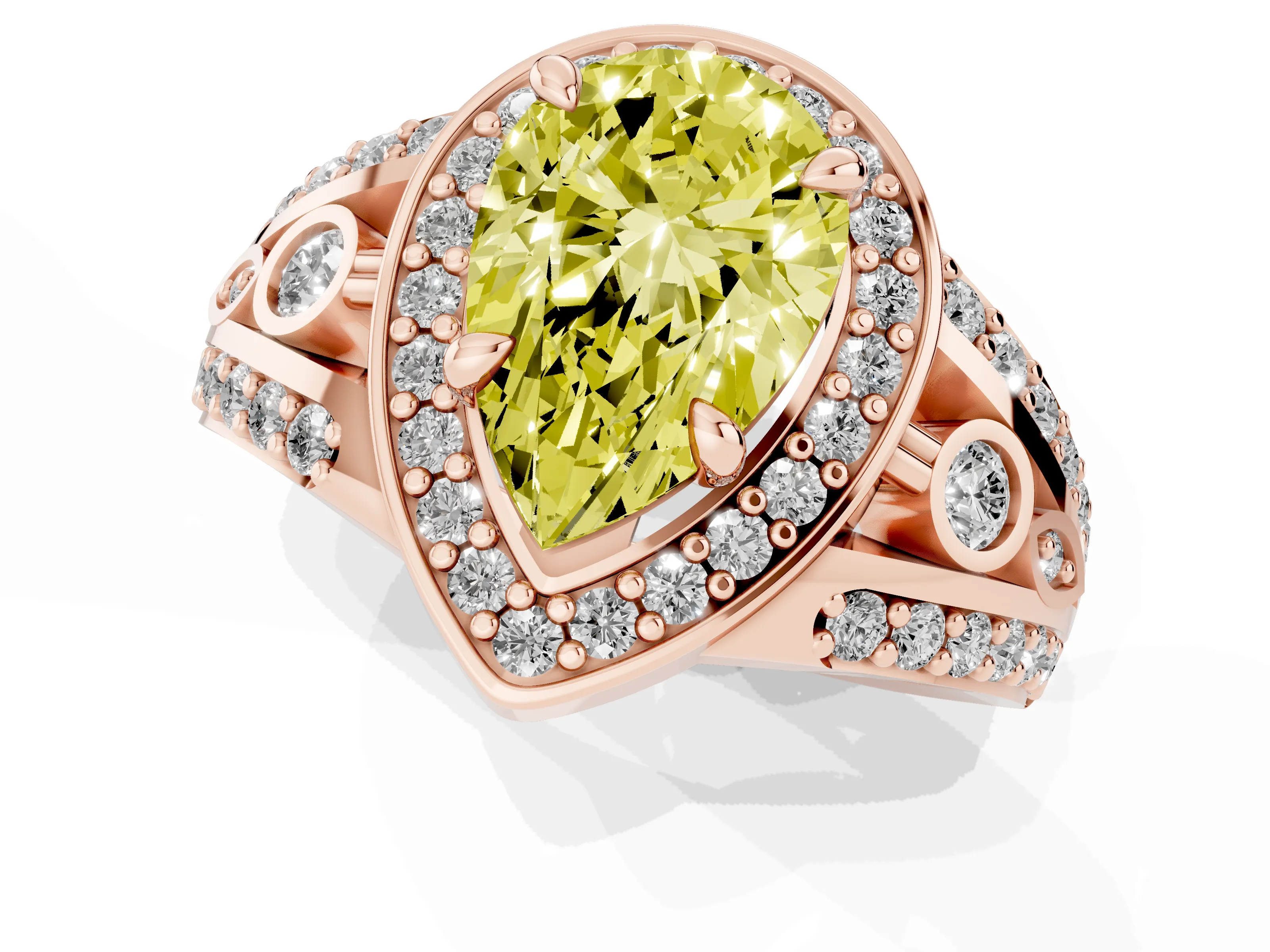 Fancy Yellow Pear Cut Diamond Halo Ring Set in Rose gold with Pavé Split Shank and Bezel Accents
