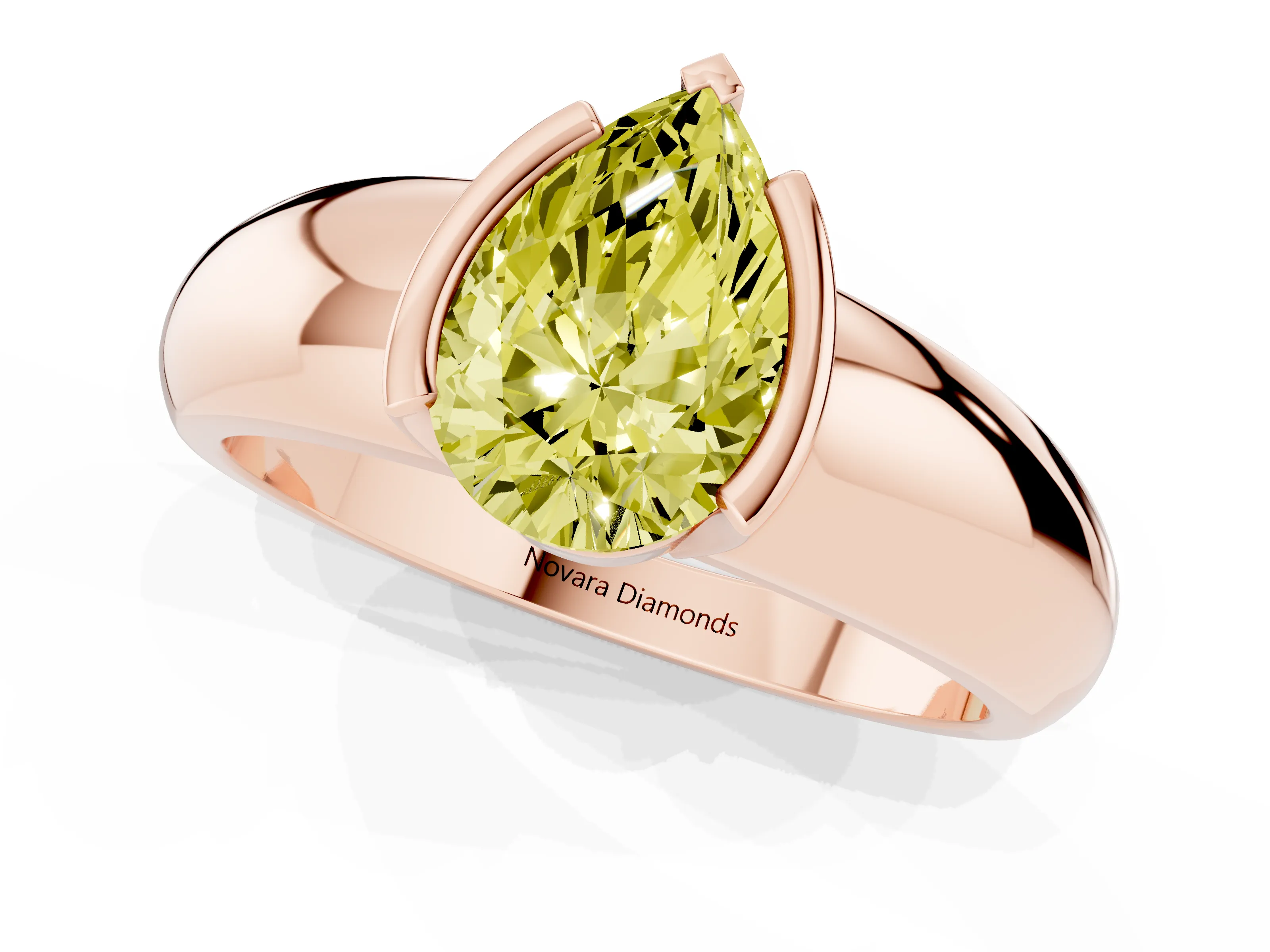 Fancy Yellow Pear Cut Diamond Solitaire Tension Set Ring Set in Rose gold with Wide Band