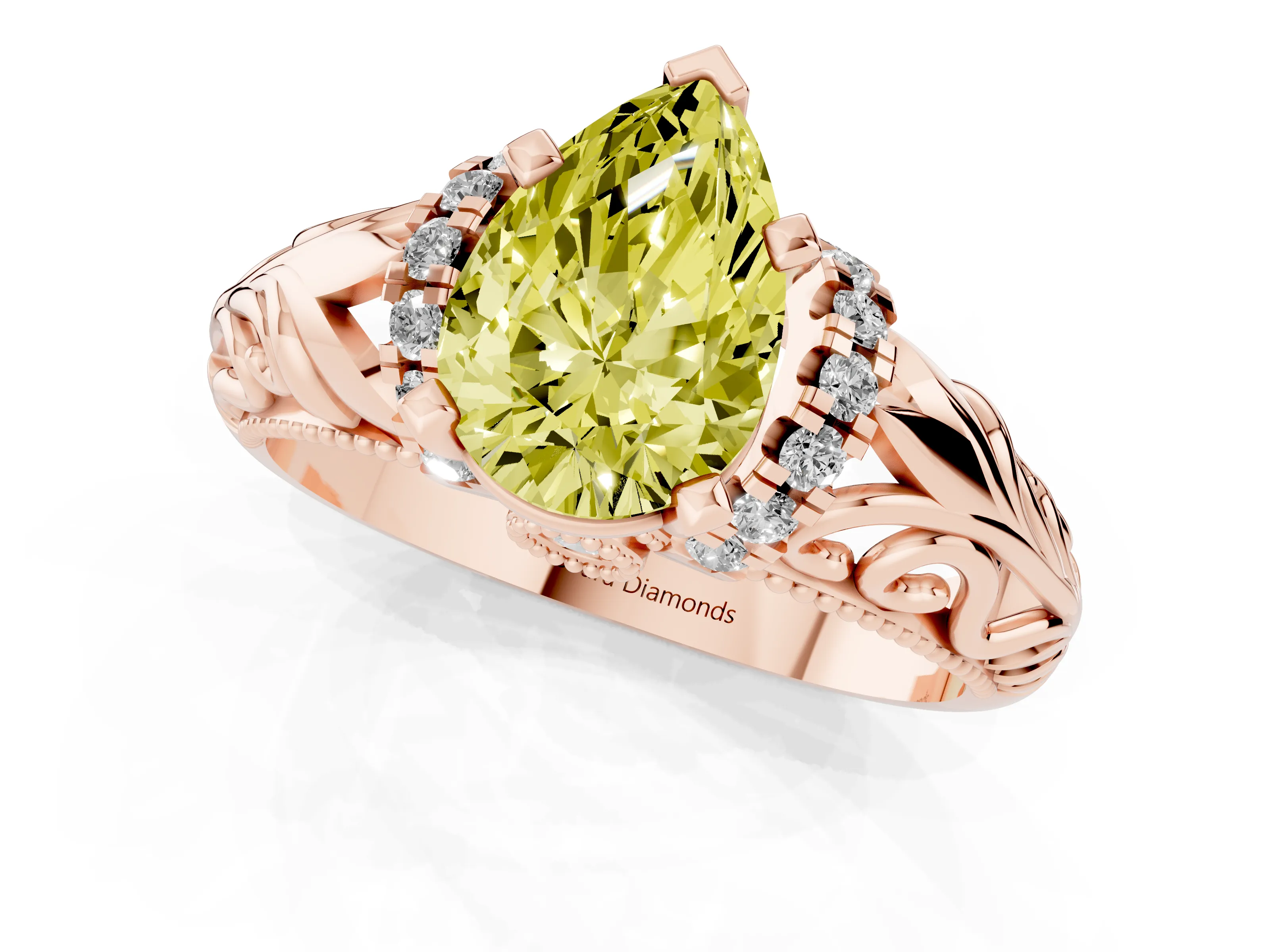 Fancy Yellow Pear Cut Diamond Filigree Halo Engagement Ring Set in Rose gold with Prong Setting