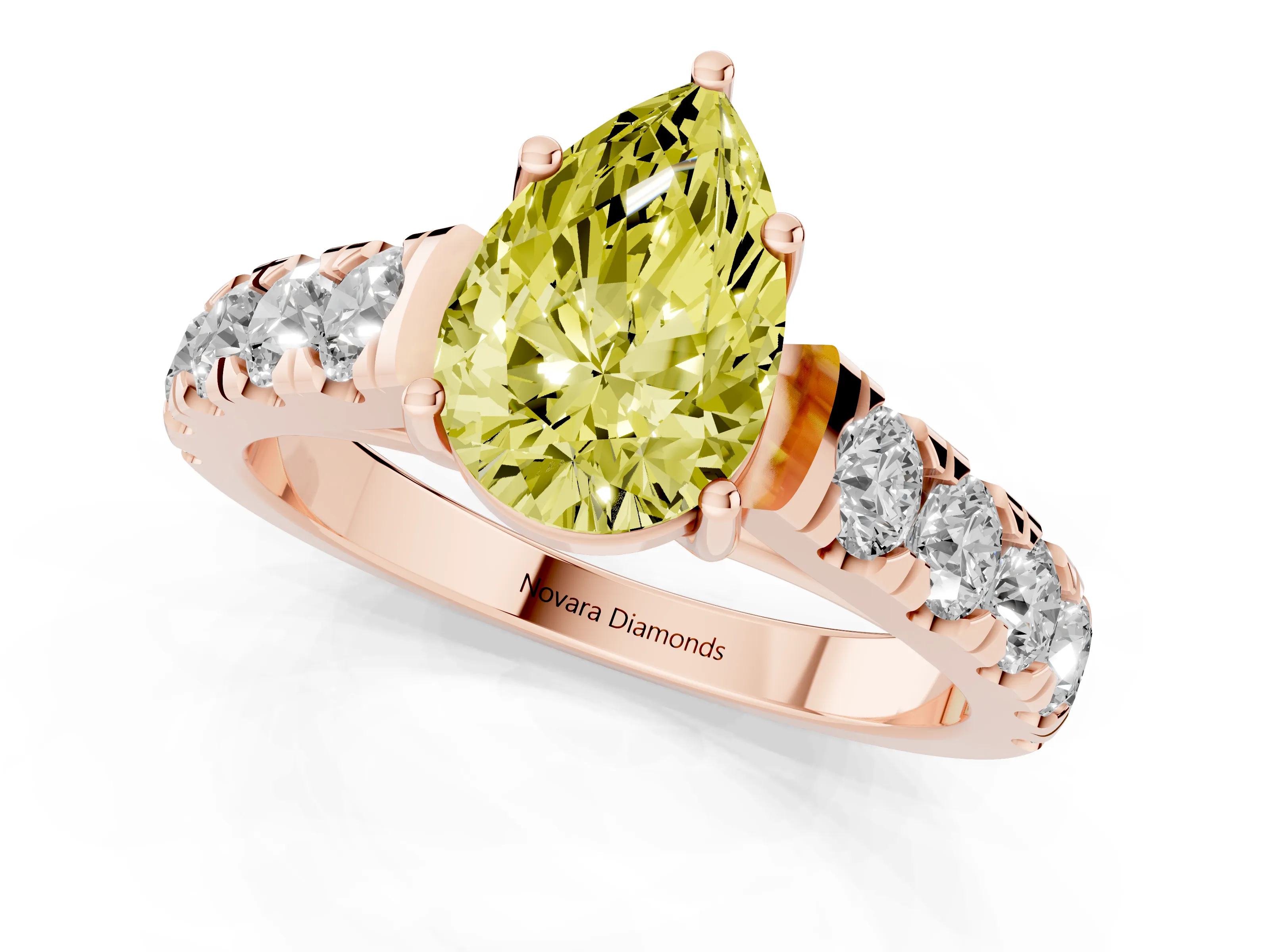 Fancy Yellow Pear Cut Diamond Solitaire Ring Set in Rose gold with Cut-Down Micro Pavé Band and Prong Setting