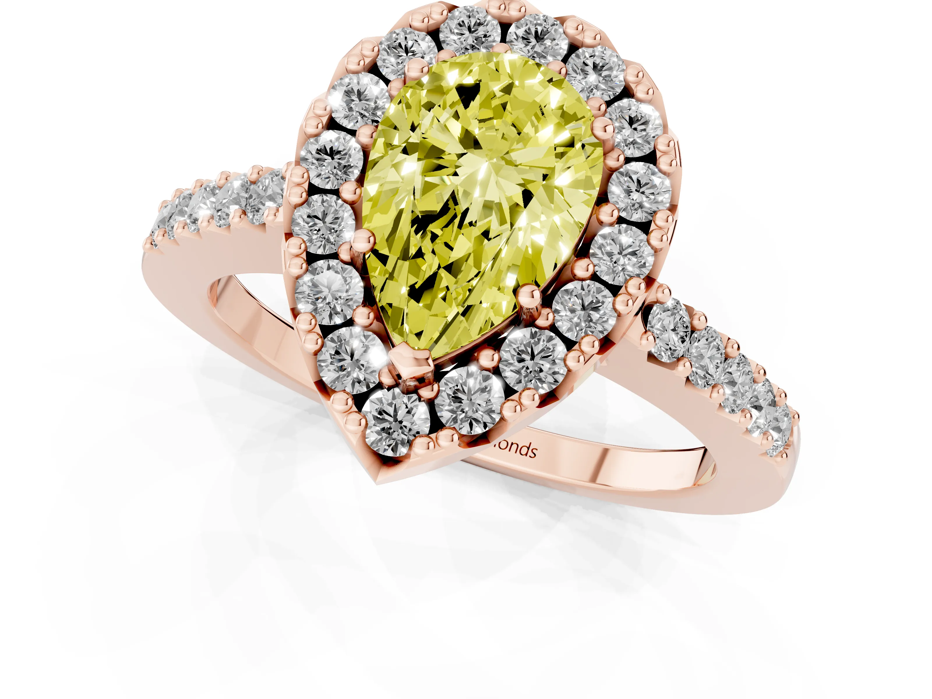 Fancy Yellow Pear Cut Diamond Halo Pavé Solitaire Ring Set in Rose gold with Prong-Set Center Stone