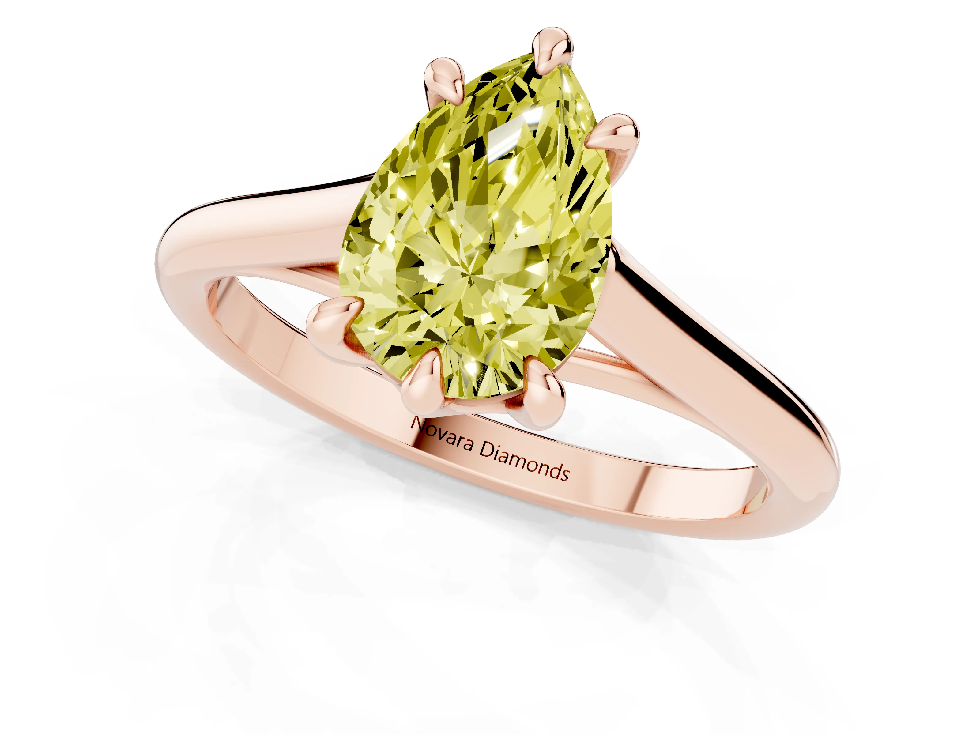 Fancy Yellow Pear Cut Diamond Solitaire Engagement Ring Set in Rose gold with Prong Setting and Plain Classic Band
