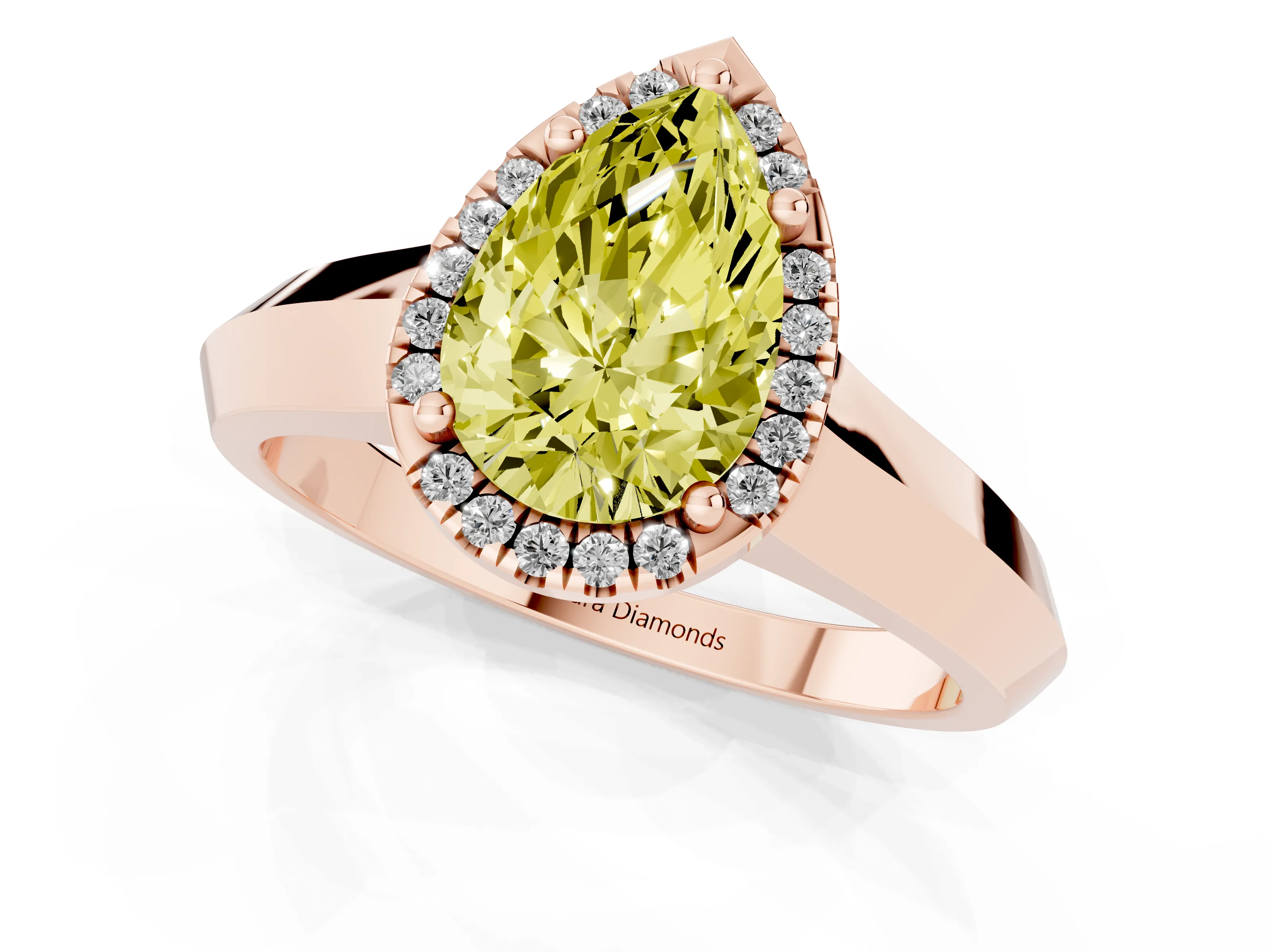 Fancy Yellow Pear Cut Diamond Halo Ring Set in Rose gold with Cathedral Band and Prong Setting