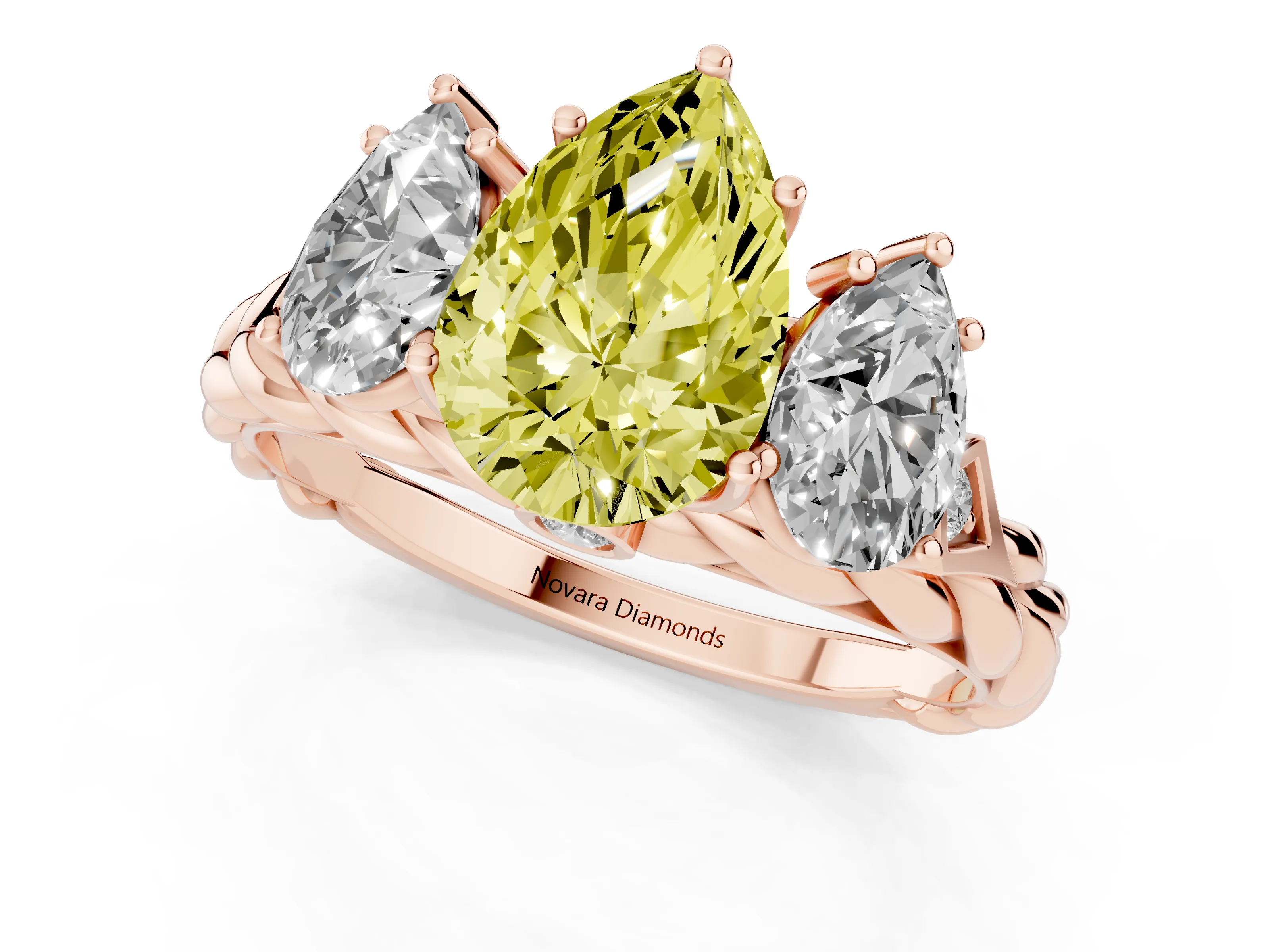 Fancy Yellow Pear Cut Diamond Three-Stone Ring Set in Rose gold with Braided Band