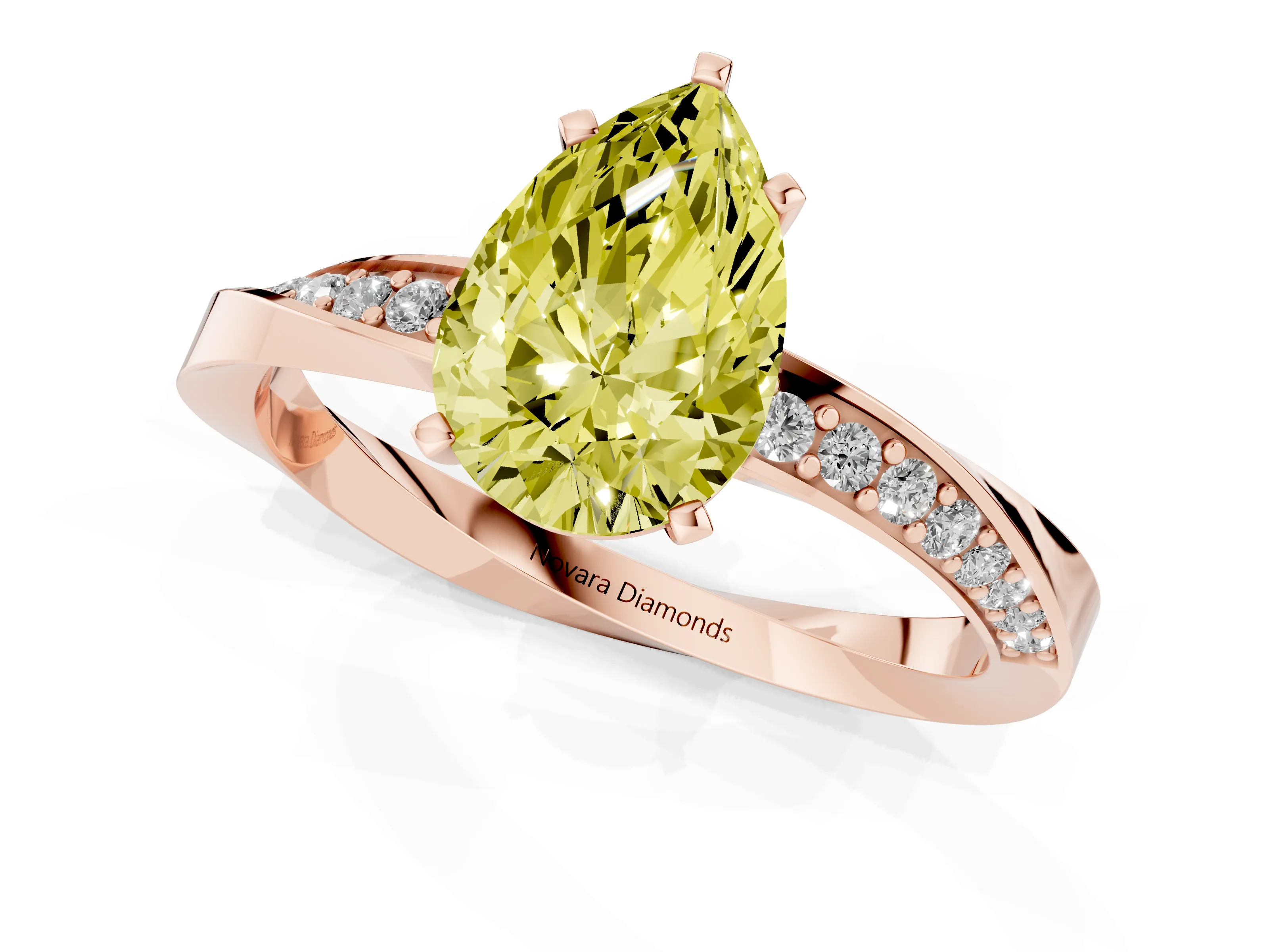 Fancy Yellow Pear Cut Diamond Engagement Ring Set in Rose gold with Side Stone Accents and Prong Setting