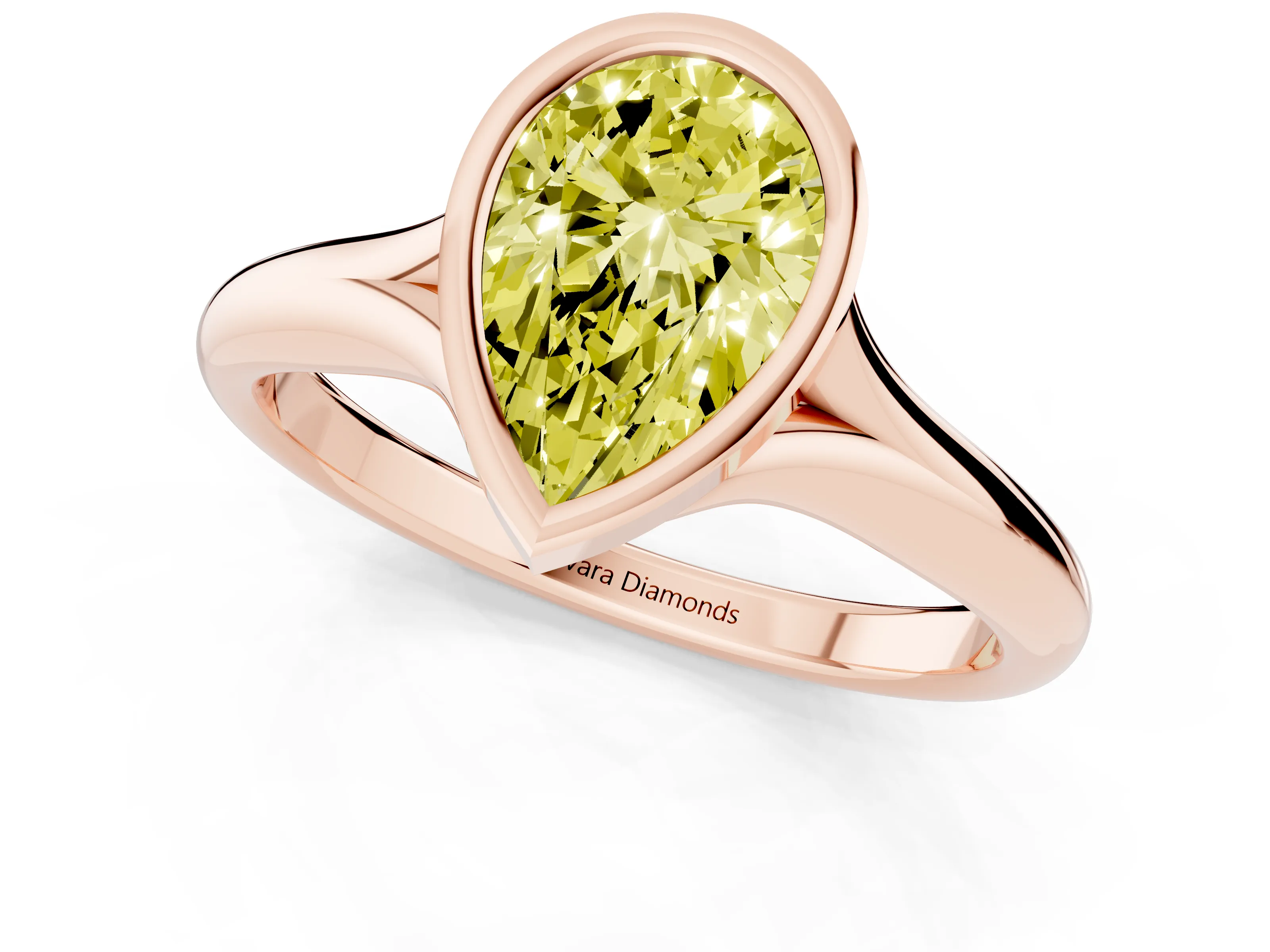 Fancy Yellow Bezel Set Pear Cut Diamond Solitaire Ring Set in Rose gold with Smooth Band