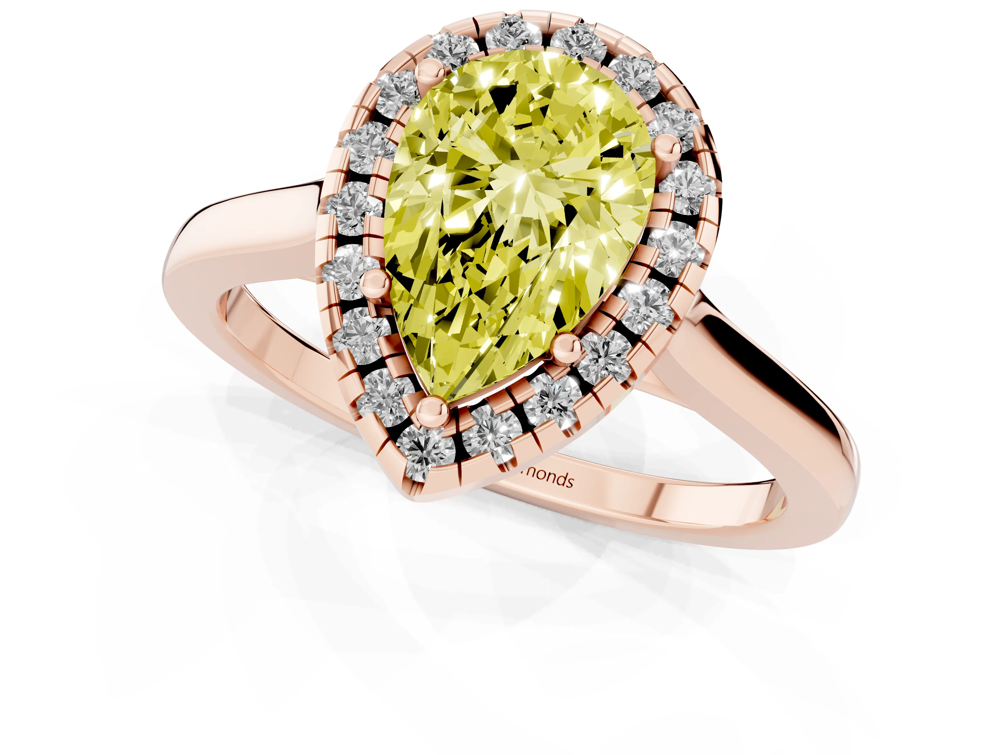 Fancy Yellow Pear Cut Halo Round Diamond Solitaire Ring Set in Rose gold with Pavé Band and Prong Setting