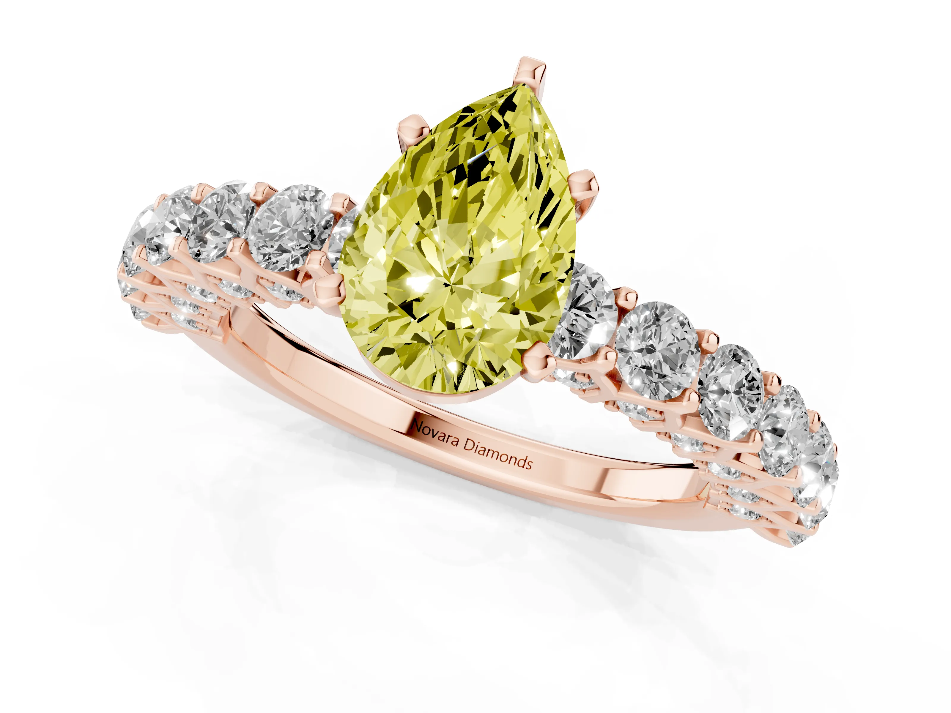 Fancy Yellow Pear Cut Diamond Solitaire Ring Set in Rose gold with Shared Prong Pavé Band