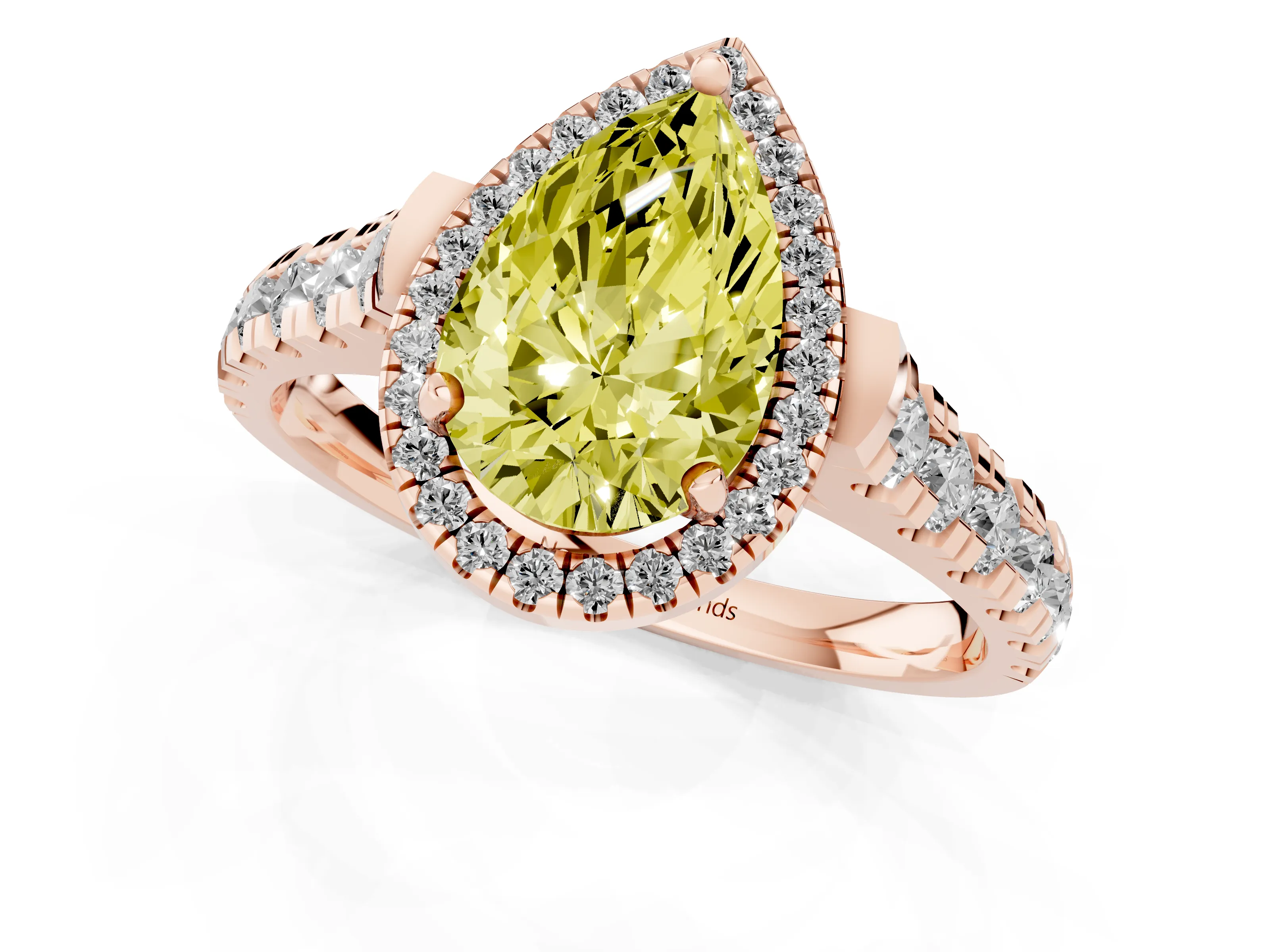 Fancy Yellow Pear Cut Diamond Halo Engagement Ring Set in Rose gold with Pavé Band and Prong-Set Center