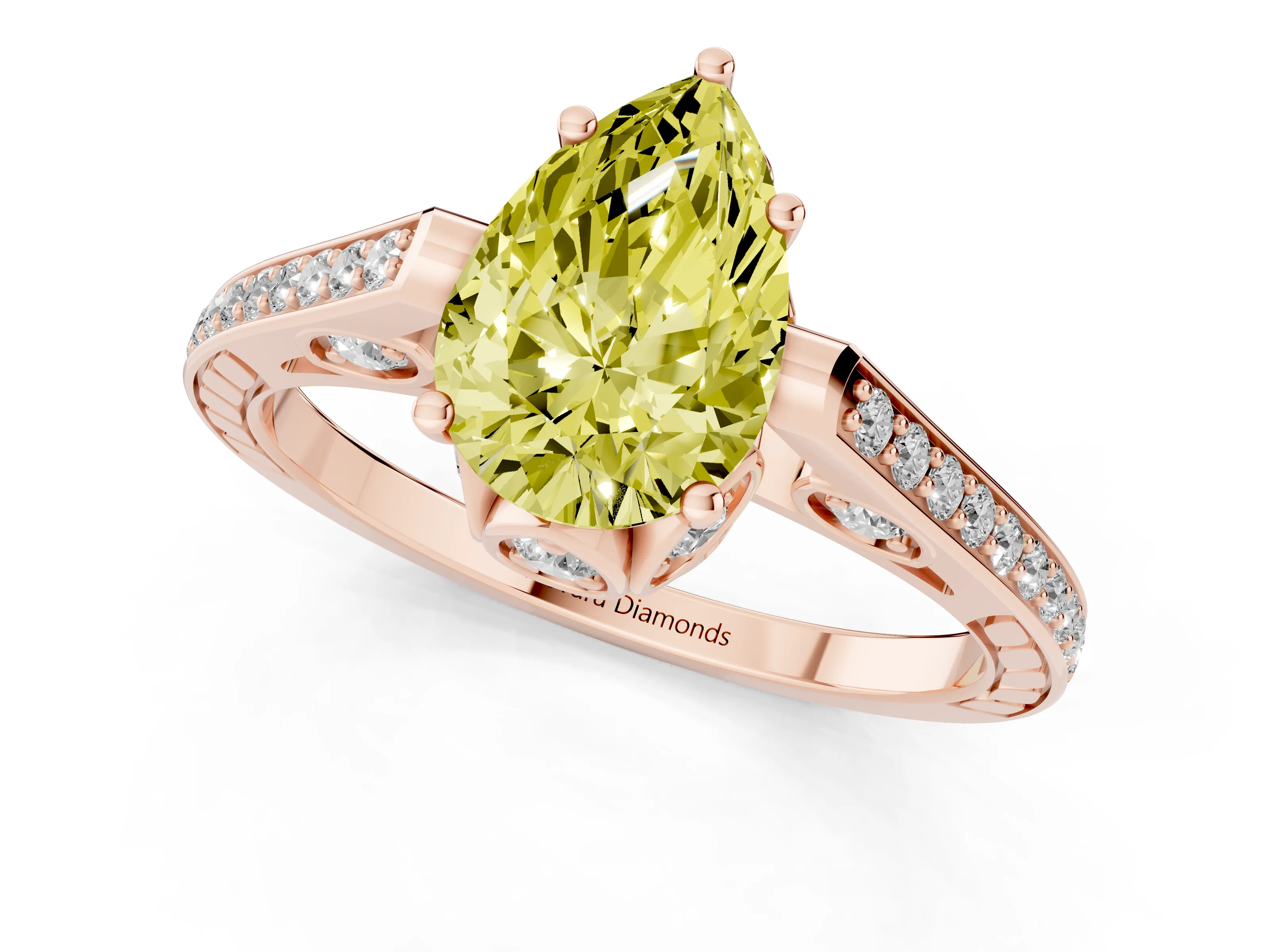 Fancy Yellow Pear Cut Diamond Cathedral Pavé Engagement Ring Set in Rose gold with Prong Setting