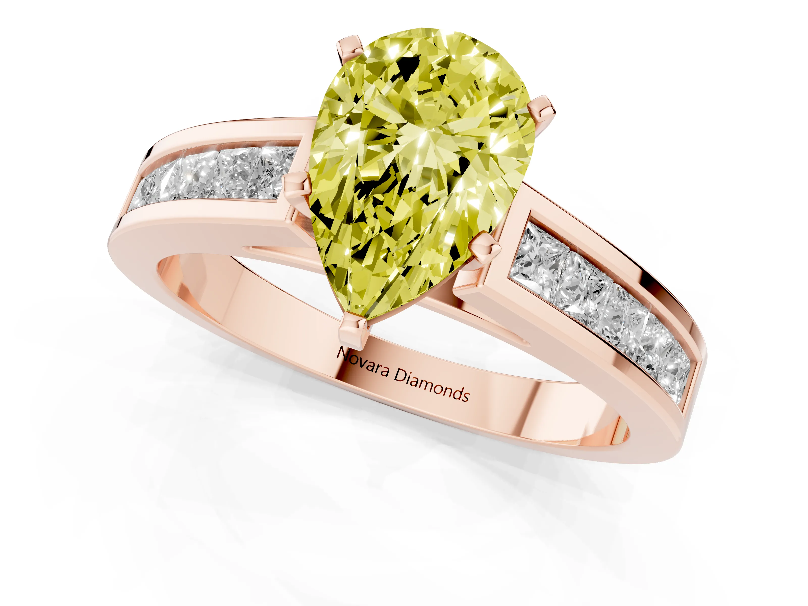 Fancy Yellow Pear Cut Diamond Solitaire Ring Set in Rose gold with Channel-Set Band and Prong Setting