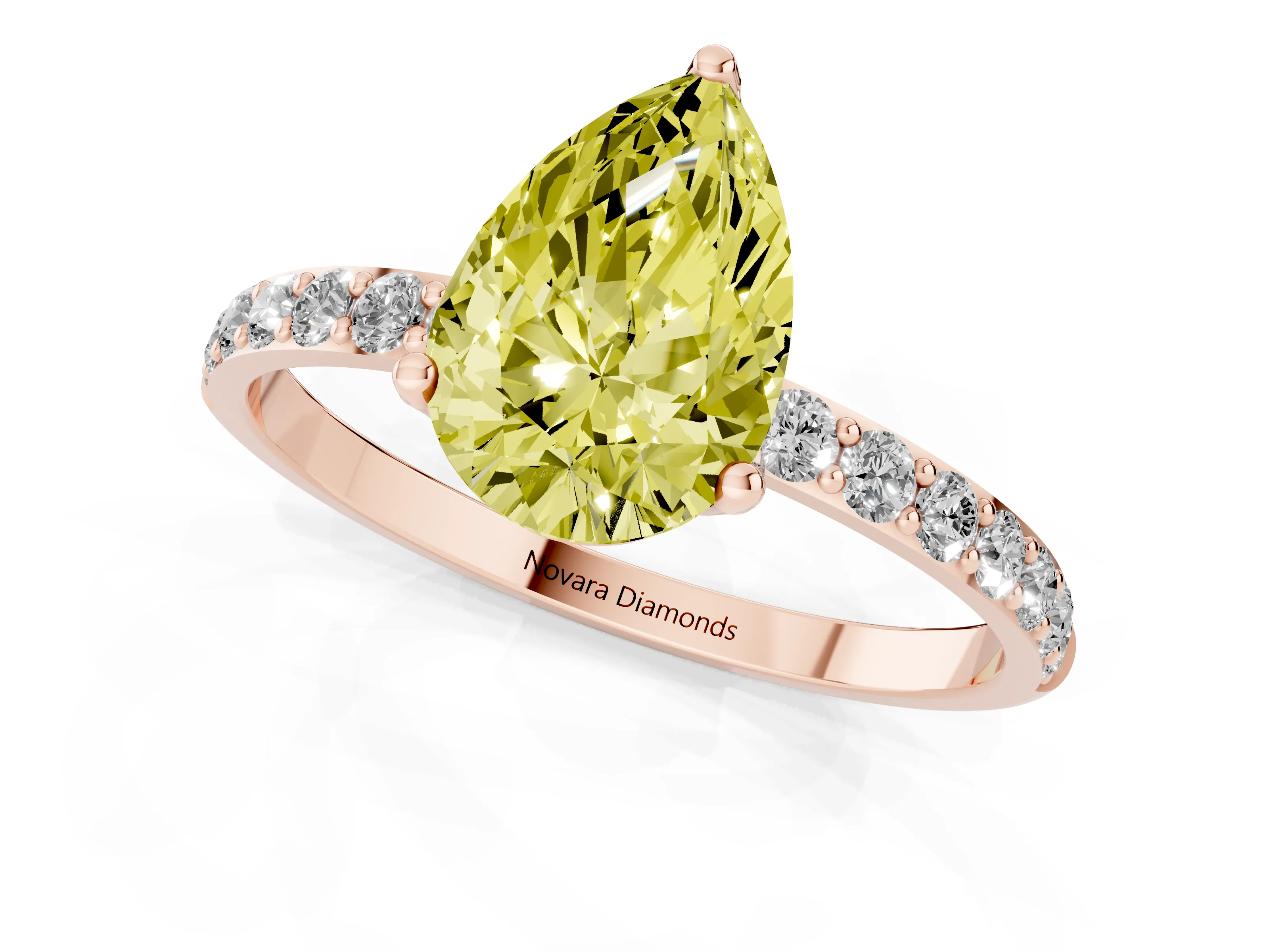 Fancy Yellow Pear Cut Diamond Solitaire Engagement Ring Set in Rose gold with Round Pavé Band and Prong Setting