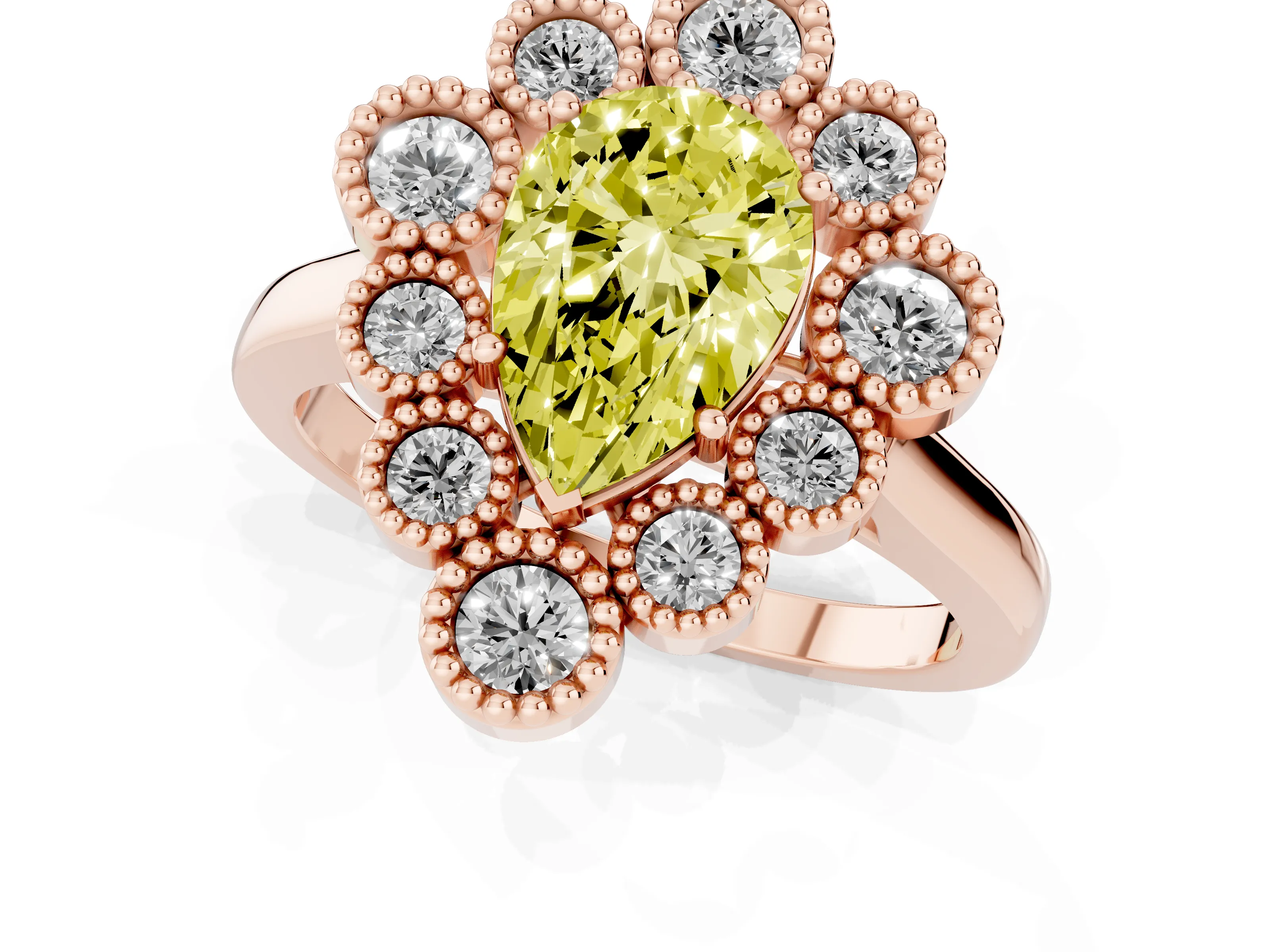Fancy Yellow Pear Cut Diamond Cluster Halo Ring Set in Rose gold with Milgrain Bezel Accents and Plain Band