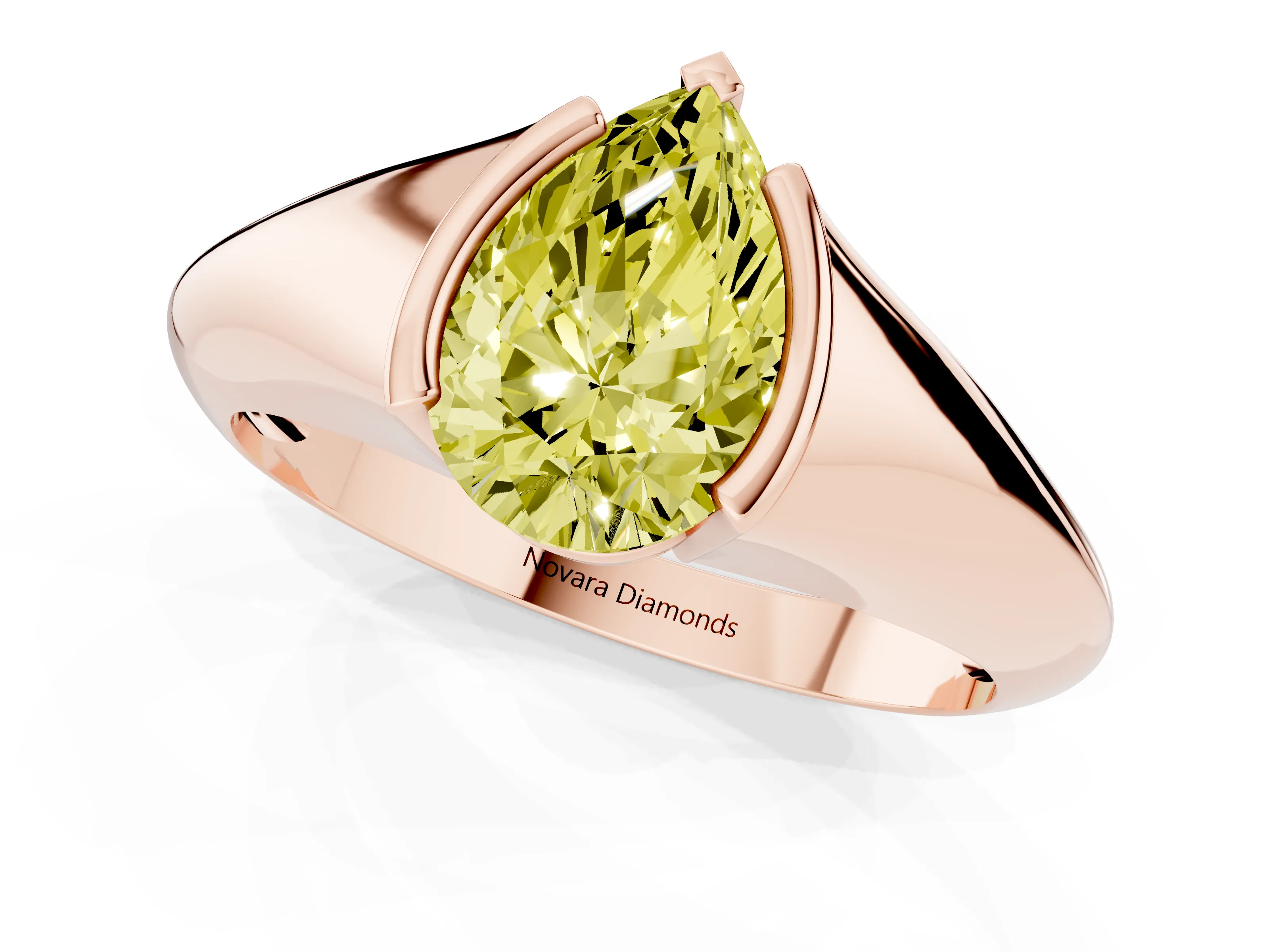 Fancy Yellow Pear Cut Diamond Solitaire Tension Set Ring Set in Rose gold