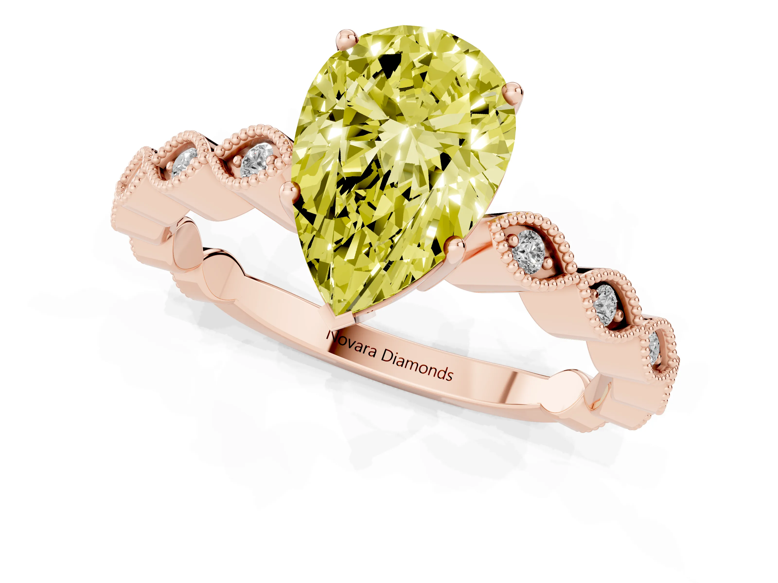 Fancy Yellow Pear Cut Diamond Solitaire Ring Set in Rose gold with Infinity Twist Pavé Band