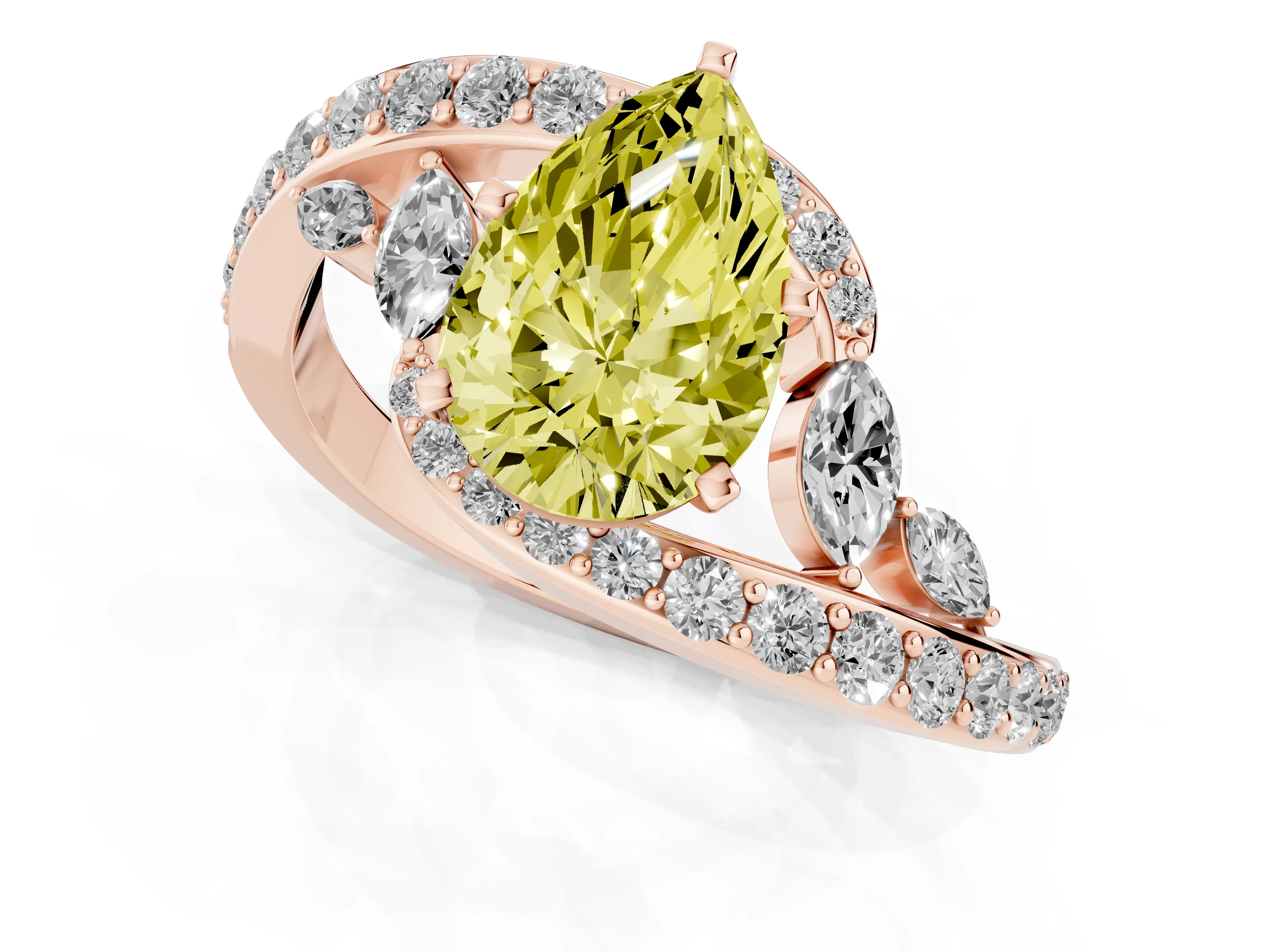 Fancy Yellow Pear Cut Diamond Solitaire Ring Set in Rose gold with Pavé Twist Band and Secure Prong Setting