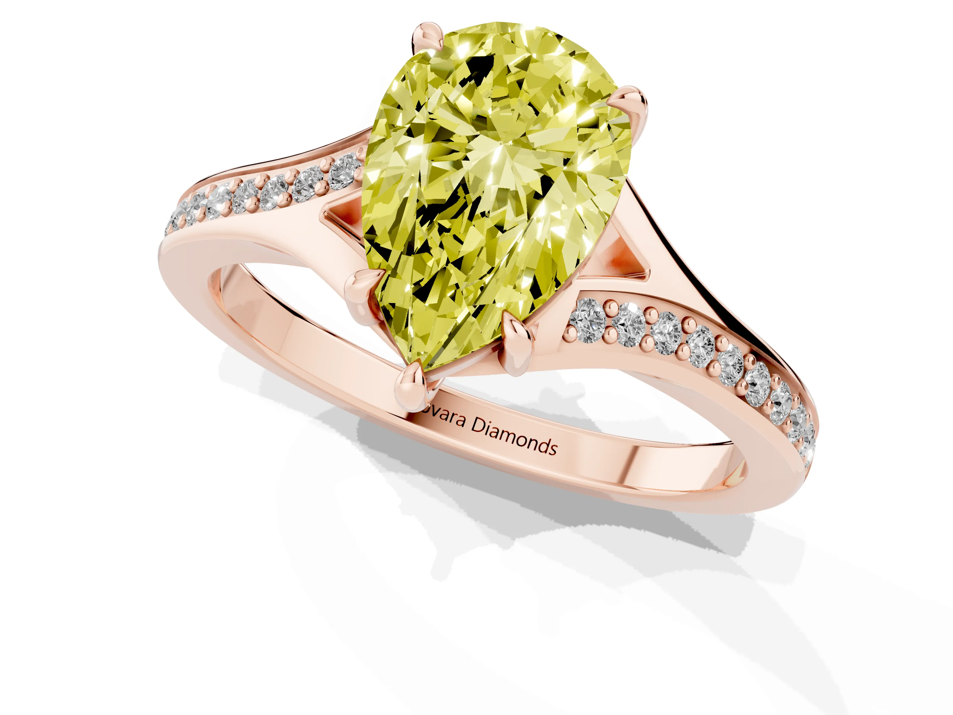 Fancy Yellow Pear Cut Diamond Solitaire Ring Set in Rose gold with Pavé Accent Band and Classic Prong Setting