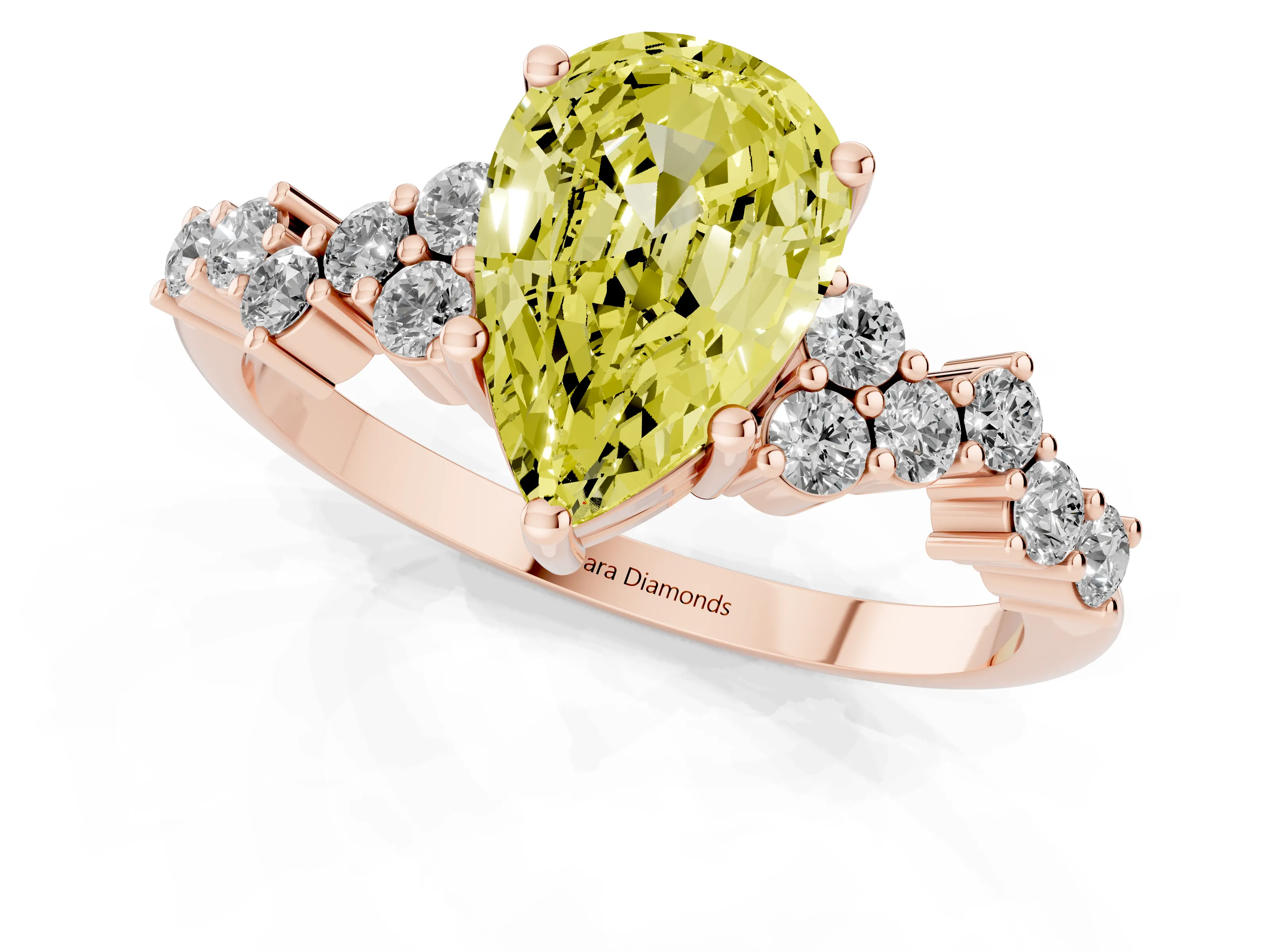 Fancy Yellow Pear Cut Diamond Ring Set in Rose gold with Scattered Round Accents
