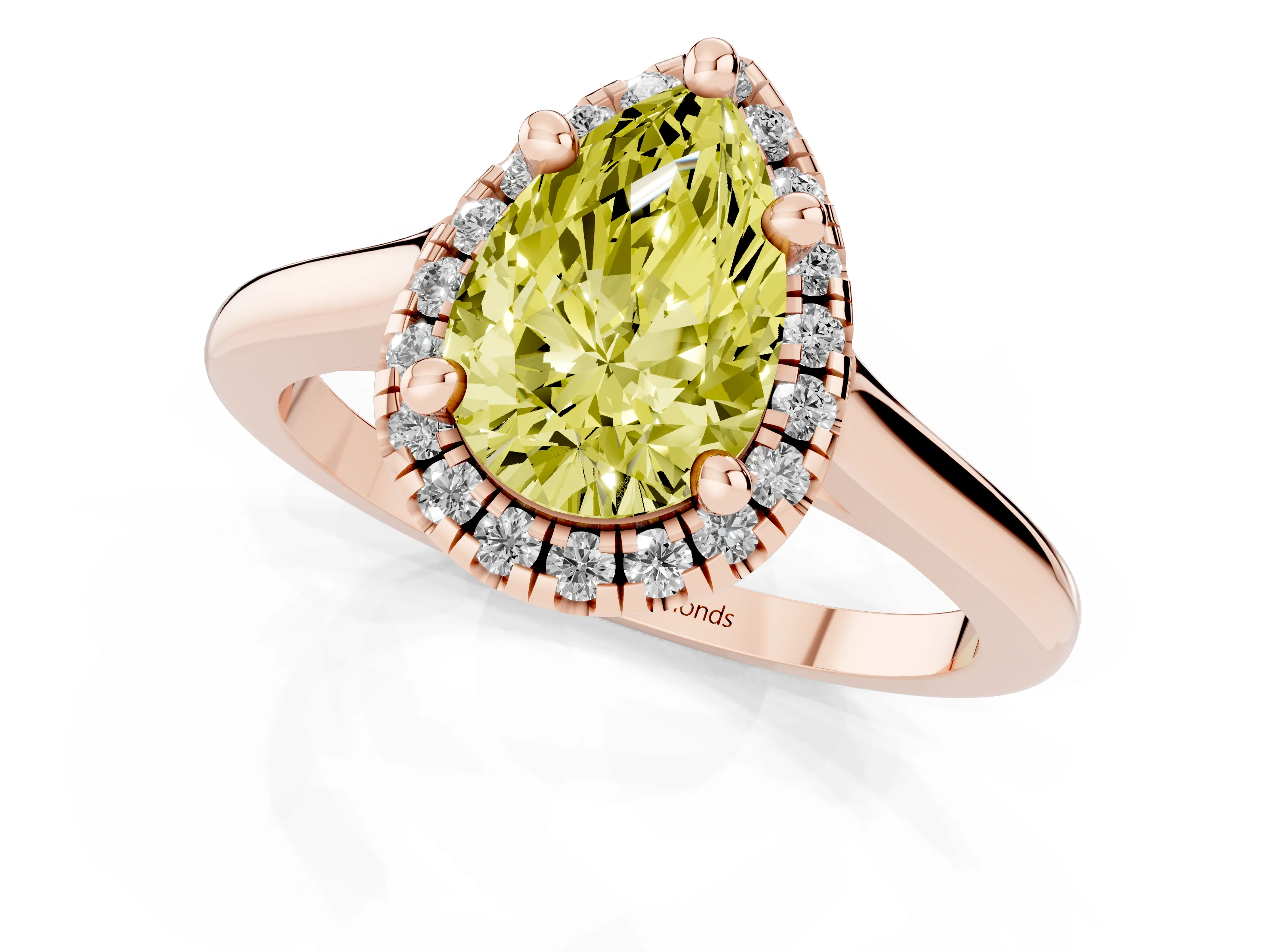 Fancy Yellow Pear Cut Diamond Halo Engagement Ring Set in Rose gold with Pavé Band and Rising Shoulders